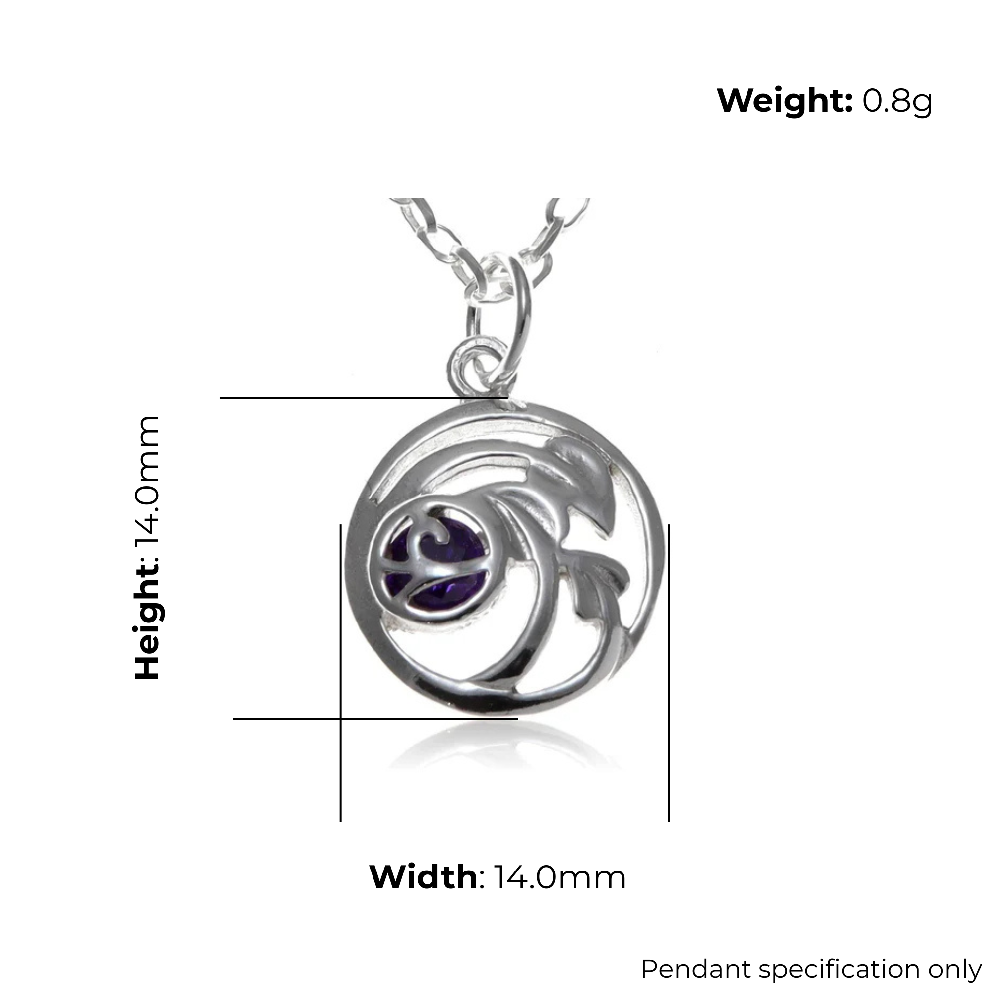 Sterling Silver Charles Rennie Mackintosh Circle Pendant, sculptural rose design, product dimensions shown, width 14mm, height 14mm, weight 0.8g, pendant specification only