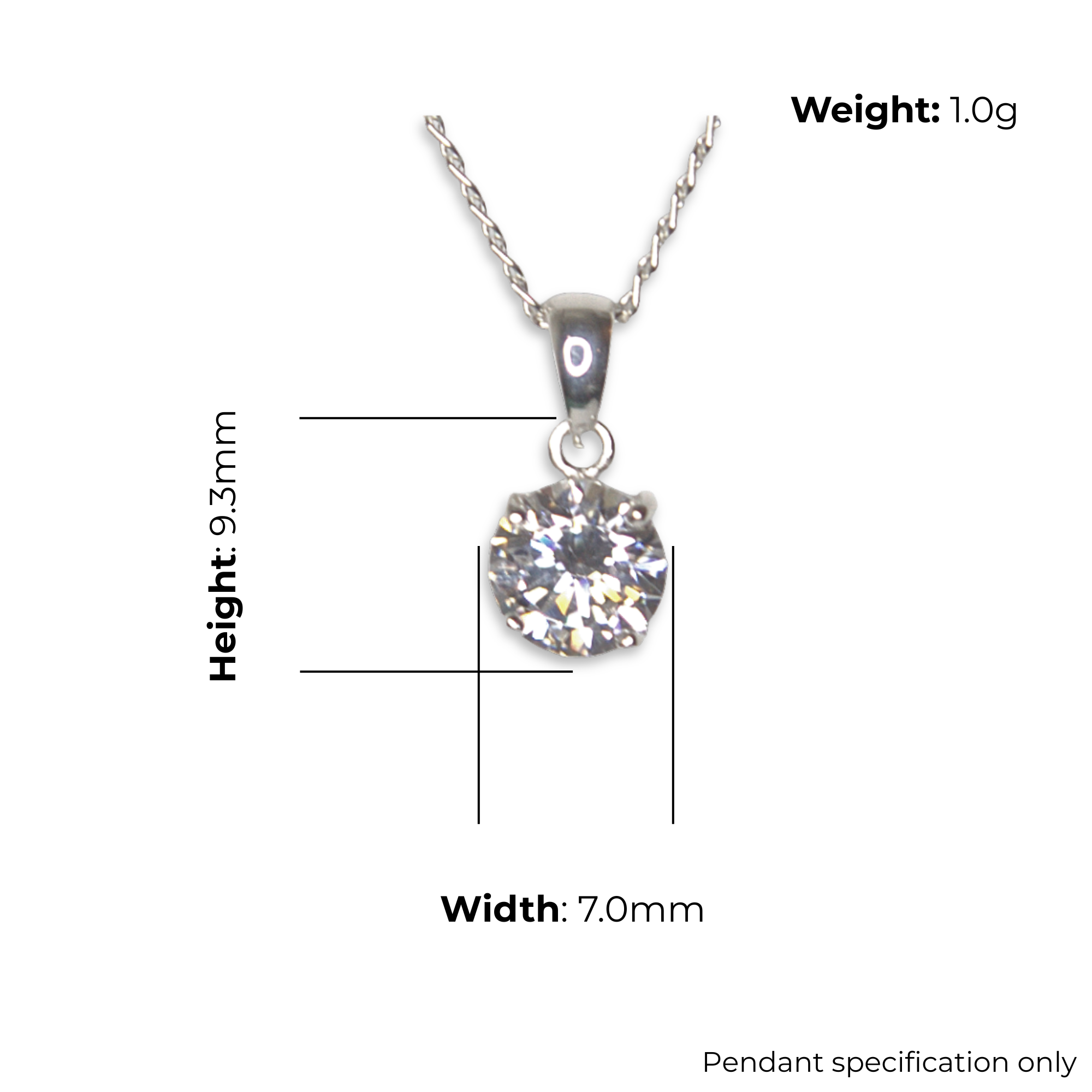 Sterling Silver Round CZ Solitaire Pendant, product dimensions shown, width 7mm, height 9.3mm, weight 1g, pendant specification only