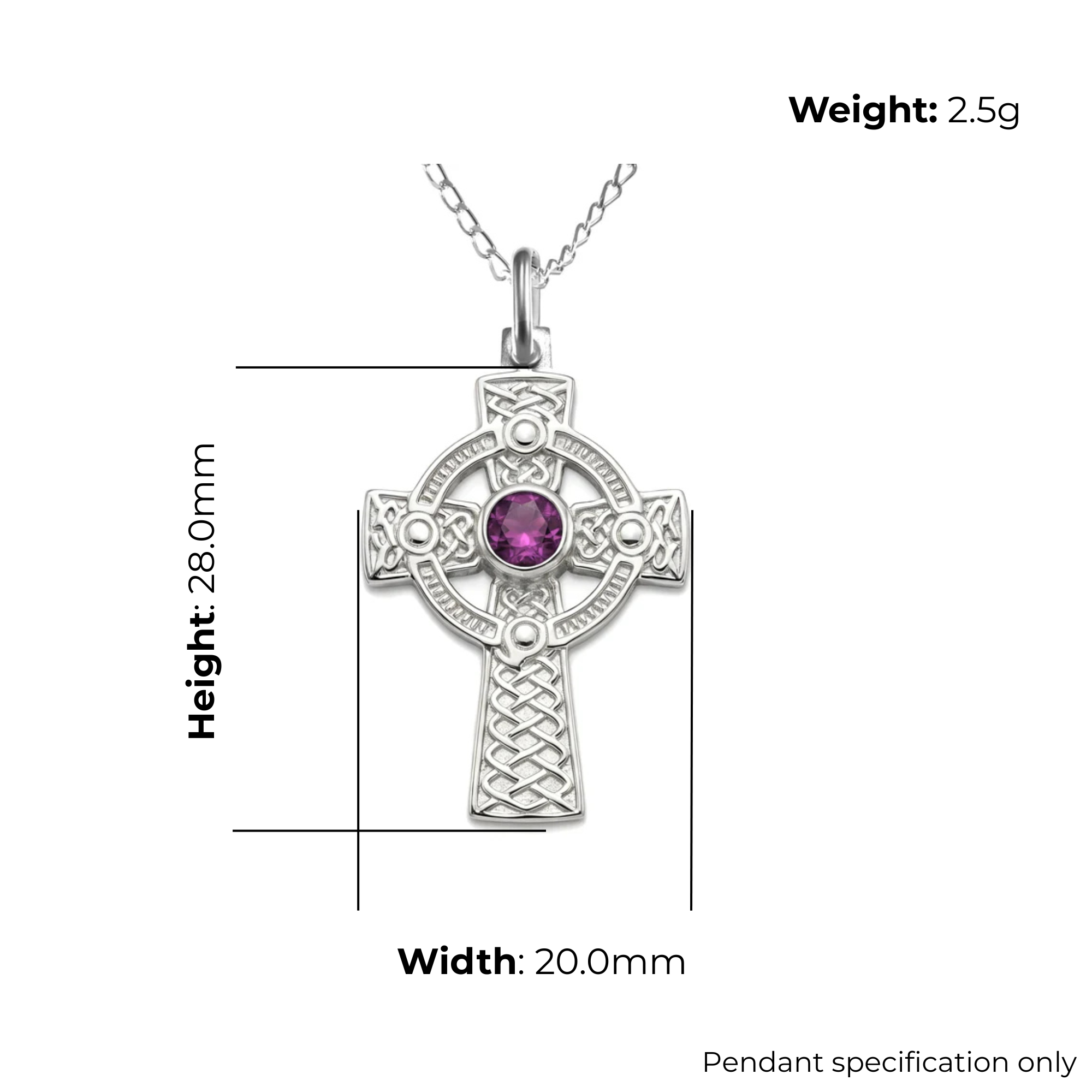 Sterling Silver Celtic Cross Pendant, amethyst, beaded border, product specification shown, width 20mm, height 28mm, weight 2.5g, pendant specification only