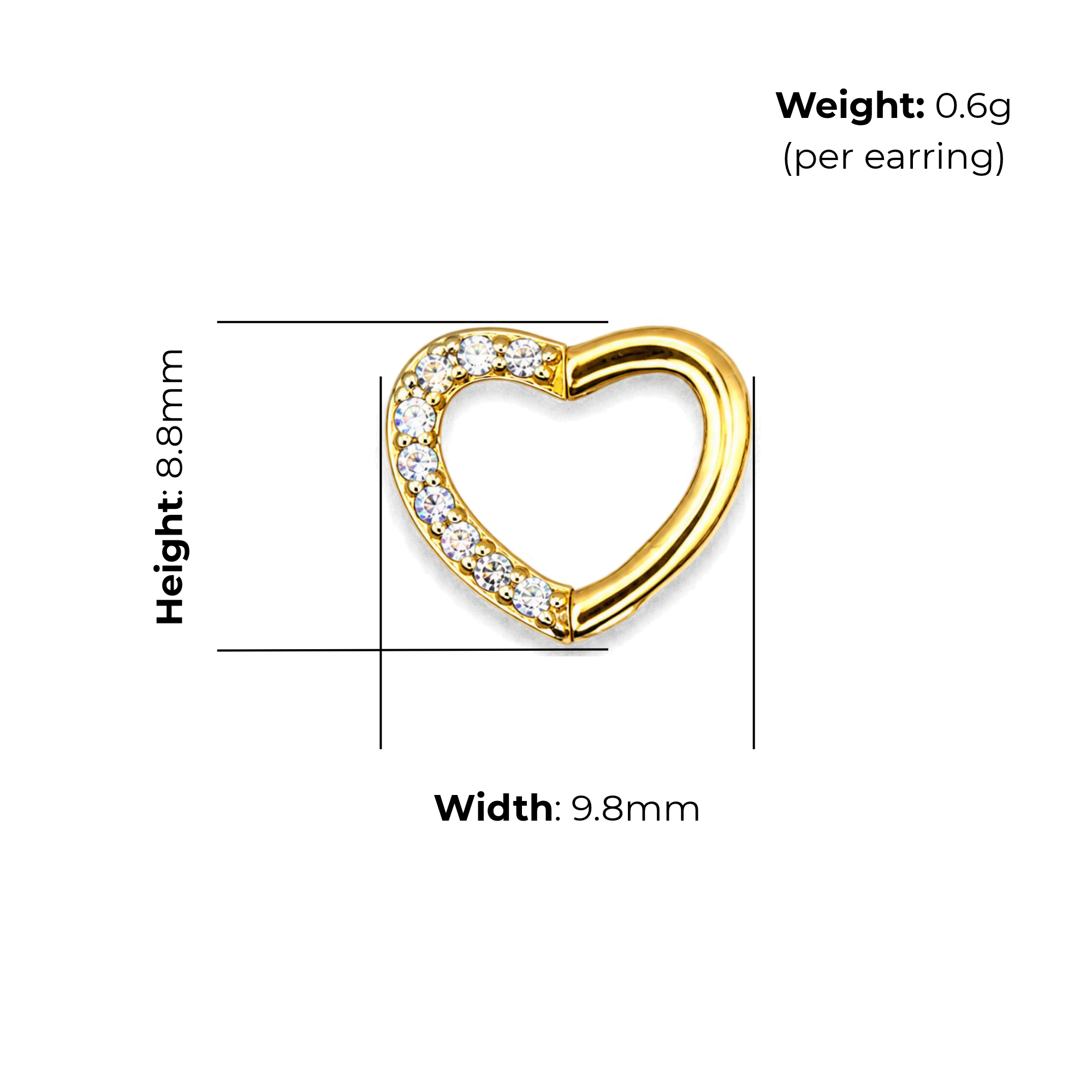 Sterling Silver Open Heart Stud Earrings, Gold Plated, Pave-Set CZ, product dimensions shown, width 9.8mm, height 8.8mm, weight 0.6g per earring.