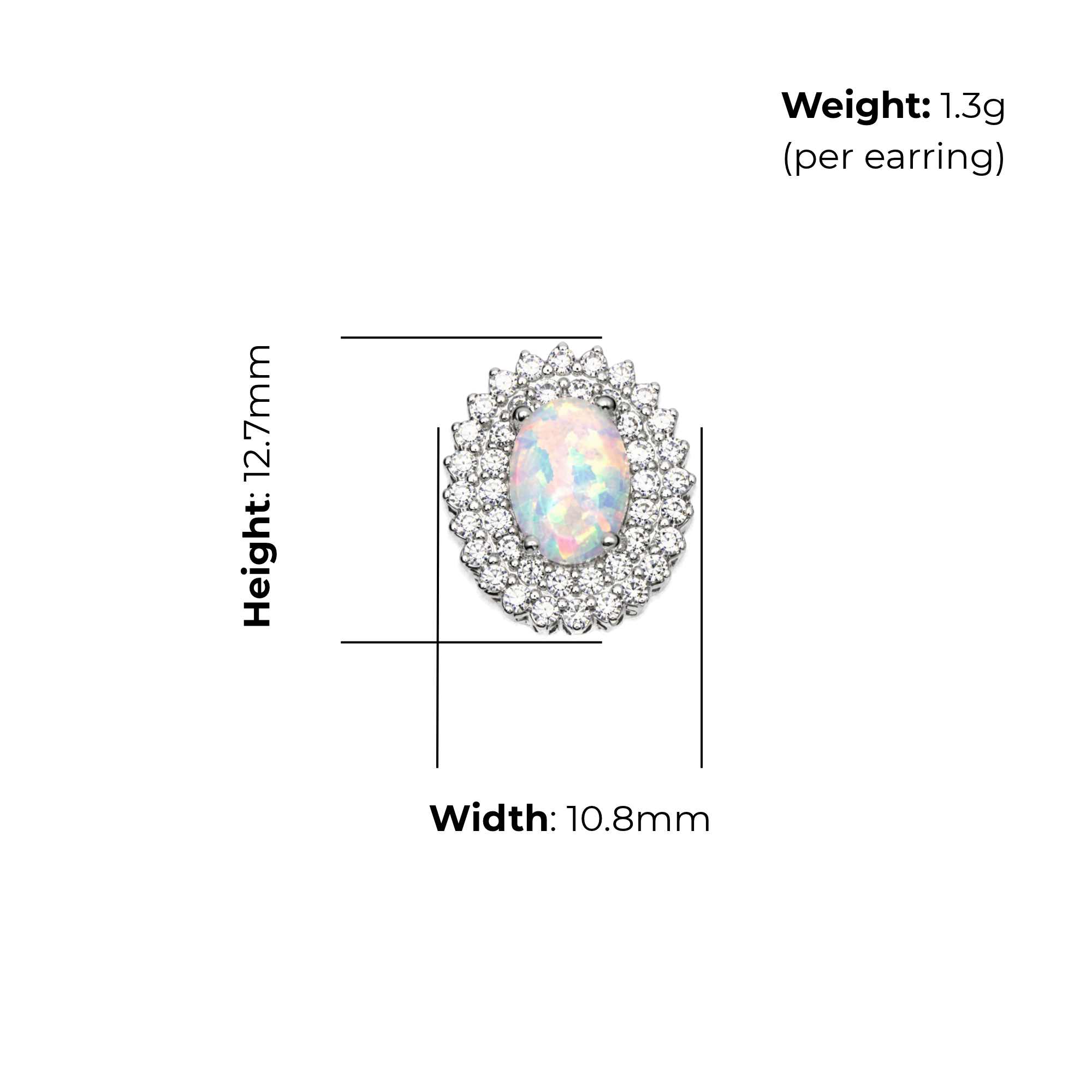 Sterling Silver Halo Stud Earrings, Synthetic Opal Centre Stone, product dimensions shown, width 10.8mm, height 12.7mm, weight 1.3g per earring.