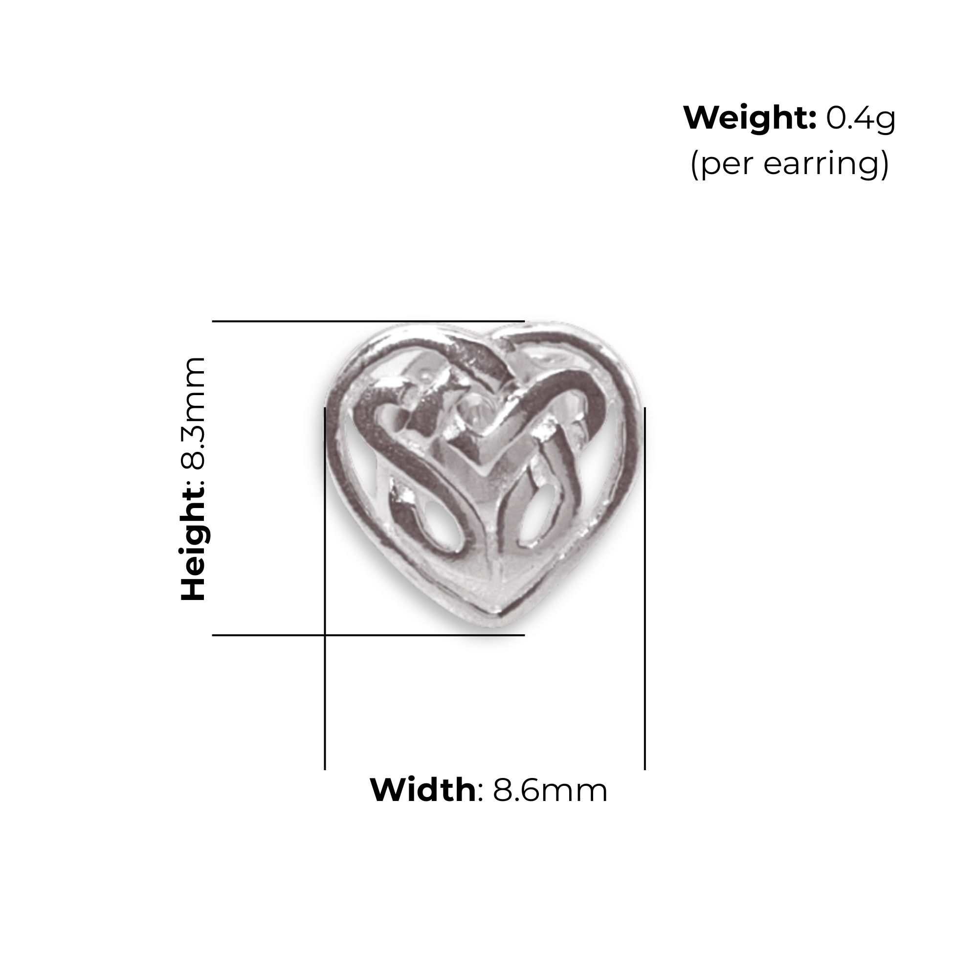 Sterling Silver Celtic Knotwork Heart Stud Earrings, compact design, product dimensions shown, width 8.6mm, height 8.3mm, weight 0.4g per earring