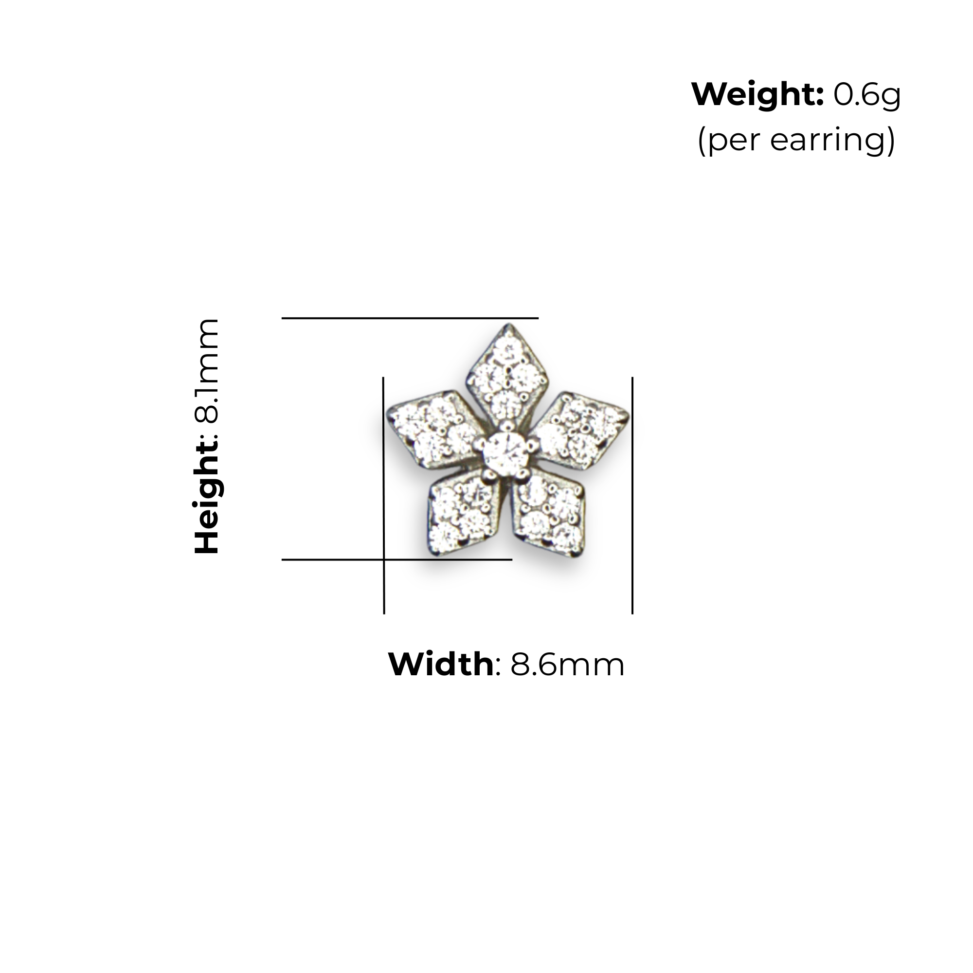 Sterling Silver Flower Stud Earrings, Pave-Set CZ, product dimensions shown, width 8.6mm, height 8.1mm, weight 0.6g per earring.
