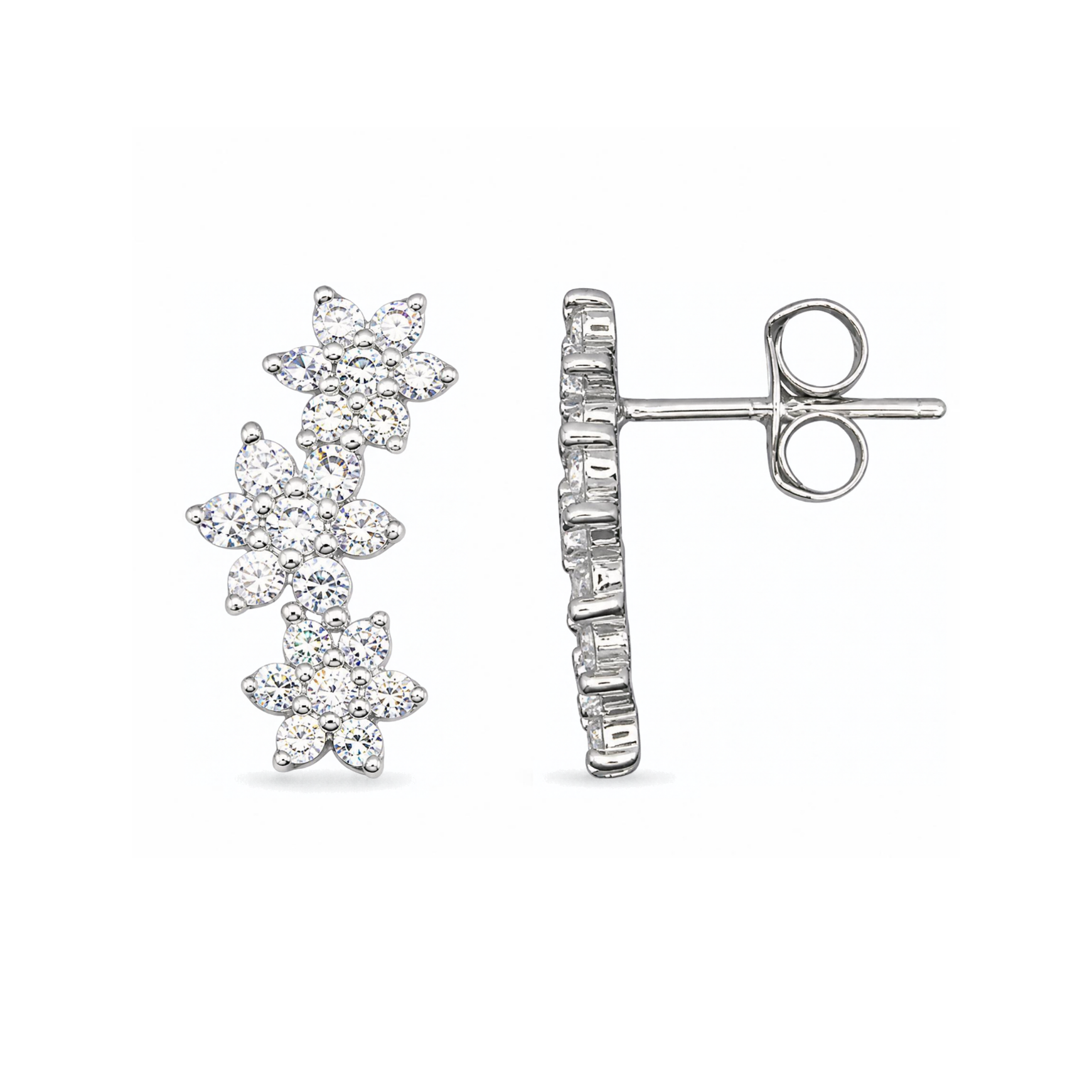 Sterling Silver Triple Flower Climber Stud Earrings, Pave-Set CZ