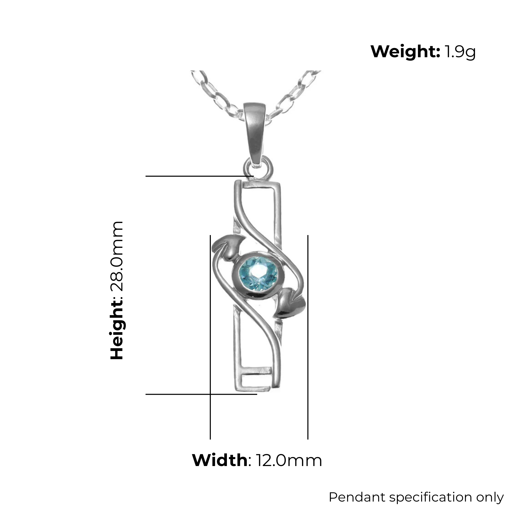 Sterling Silver Charles Rennie Mackintosh Column Pendant, botanical stem design, product dimensions shown, width 12mm, height 28mm, weight 1.9g, pendant specification only