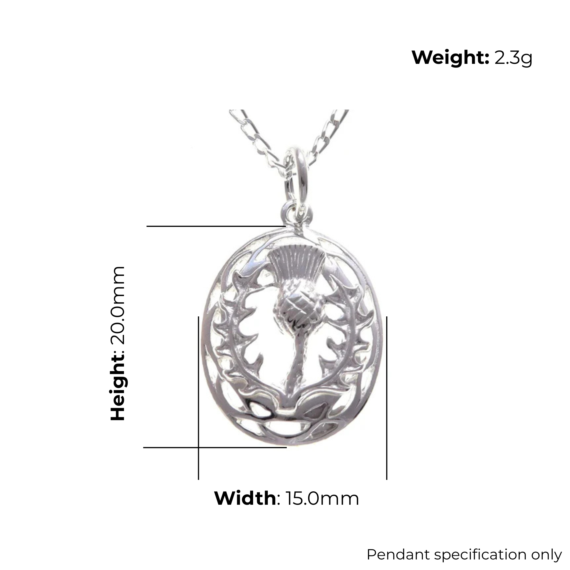 Sterling Silver Scottish Thistle Pendant, open oval frame, product dimensions shown, width 15mm, height 20mm, weight 2.3g, pendant specification only