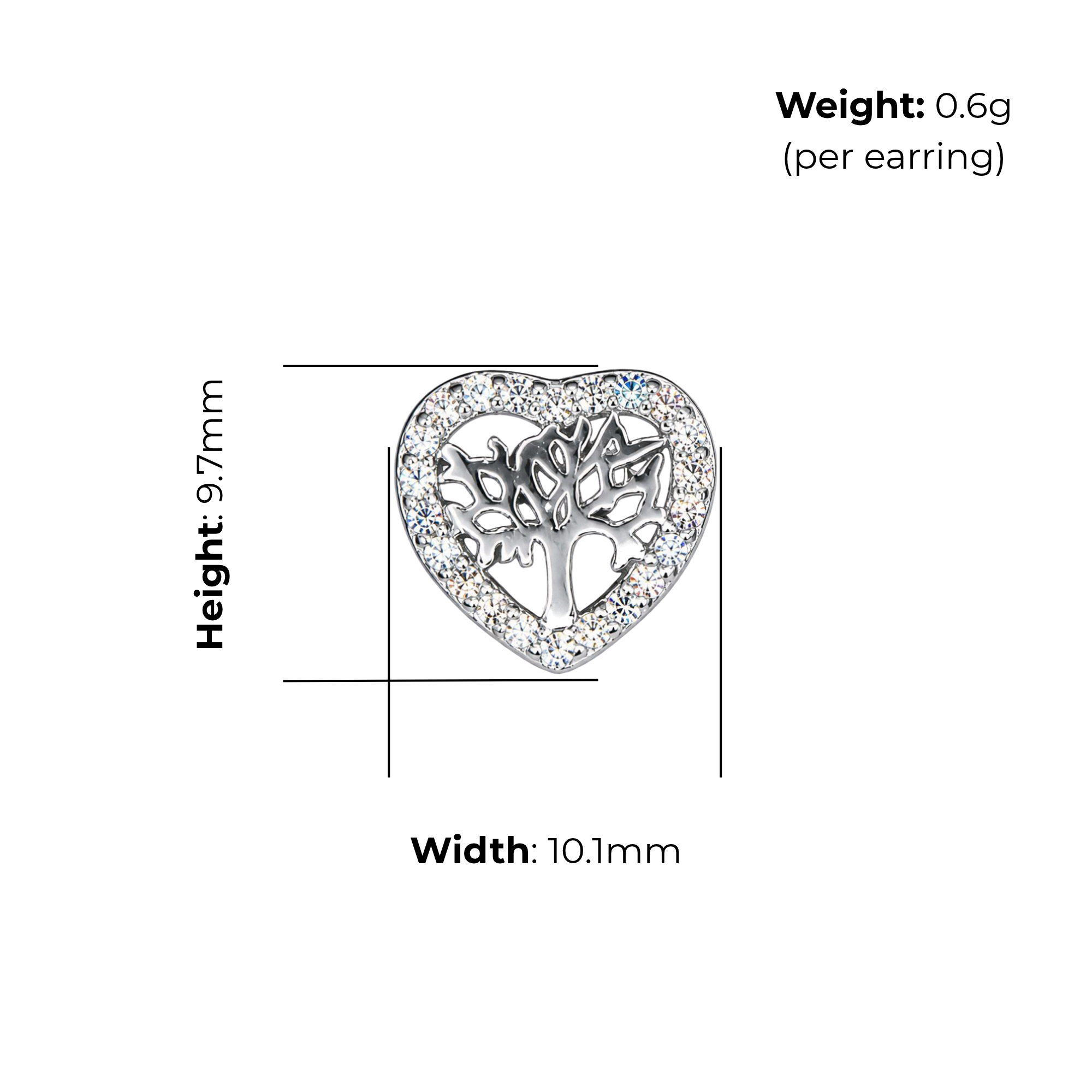 Sterling Silver Tree of Life Heart Stud Earrings, Pave-Set CZ Border, product dimensions shown, width 10.1mm, height 9.7mm, weight 0.6g per earring.