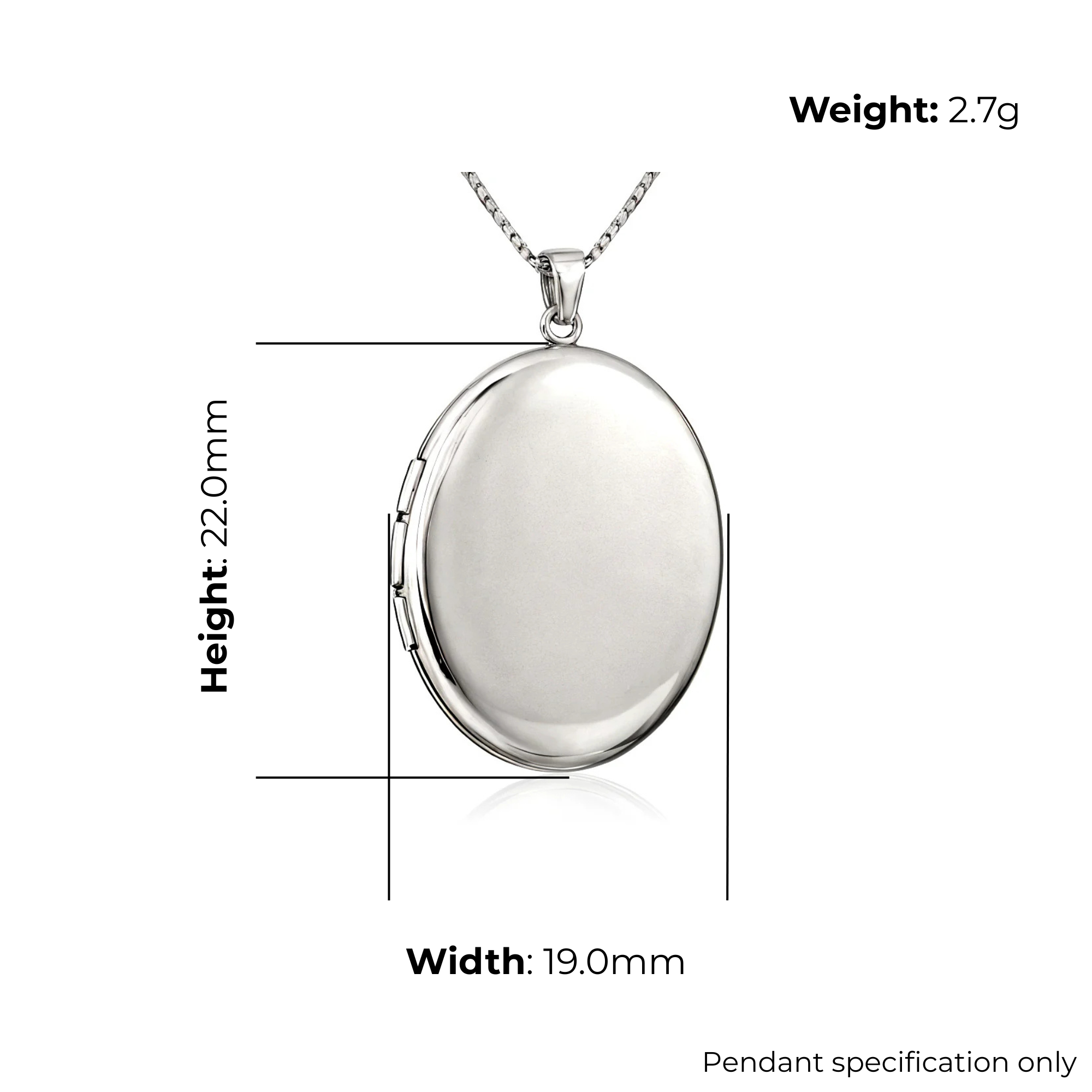 Sterling Silver Oval Locket, plain polished, product dimensions shown, width 19mm, height 22mm, weight 2.7g, pendant specification only
