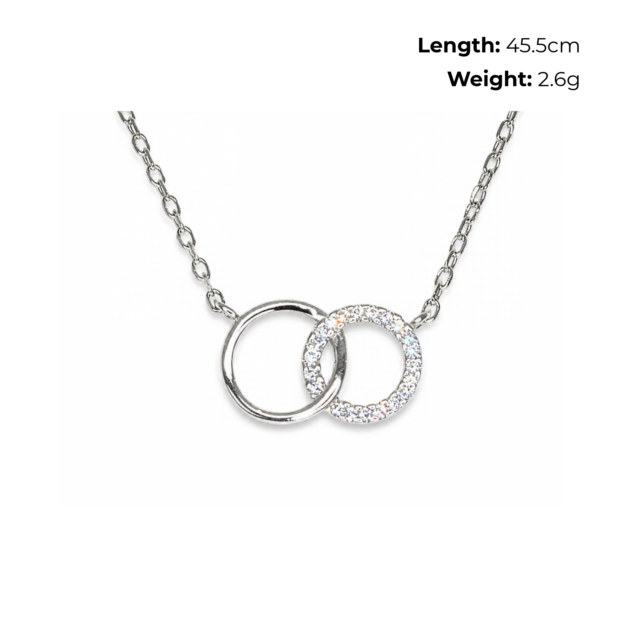 Sterling Silver Interlocking Circles Necklet, CZ Detail, product dimensions shown, length 45.5cm, weight 2.6g.