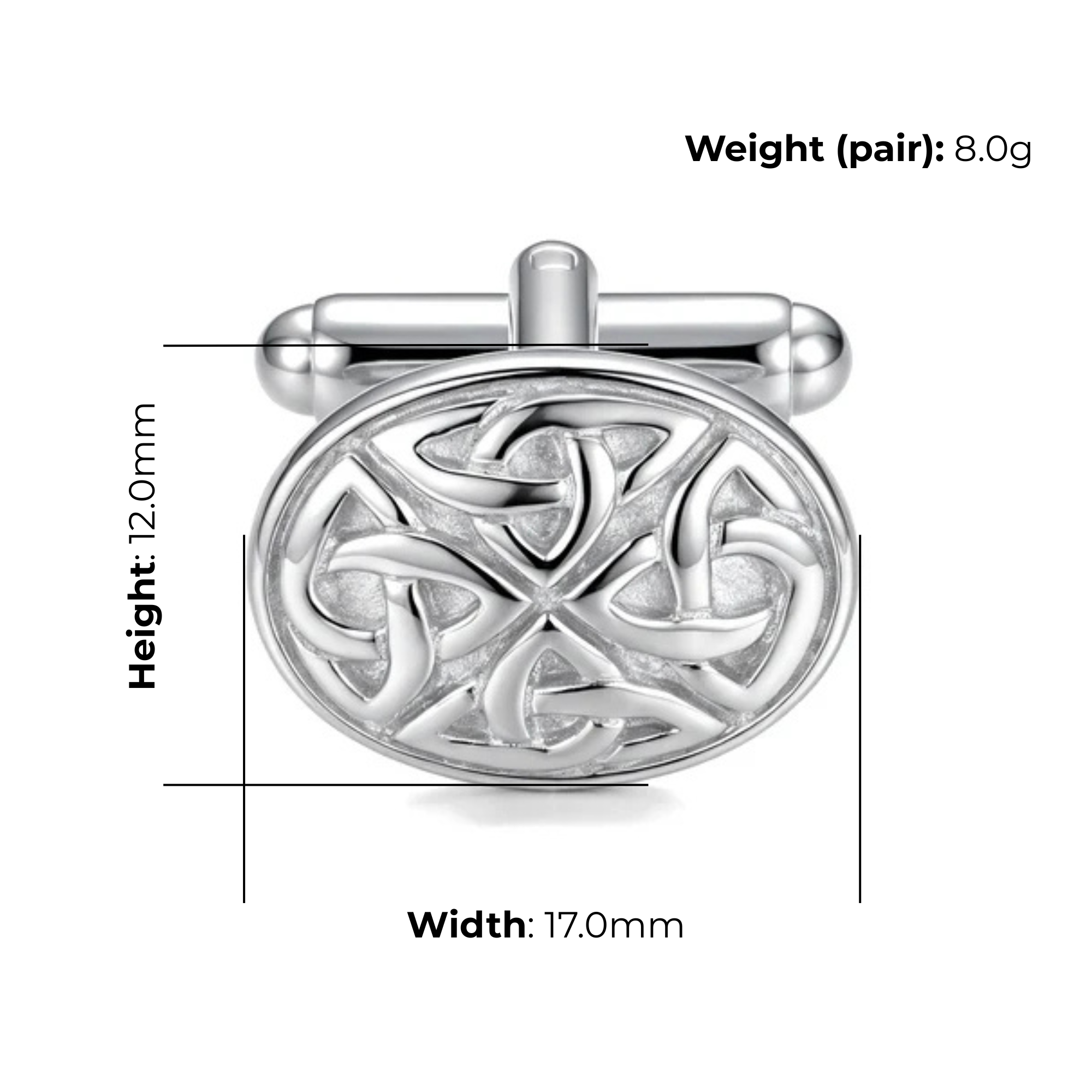 Sterling Silver Celtic Knot Cufflinks, high polish finish, product dimensions shown, width 17mm, height 12mm, weight (pair) 8g