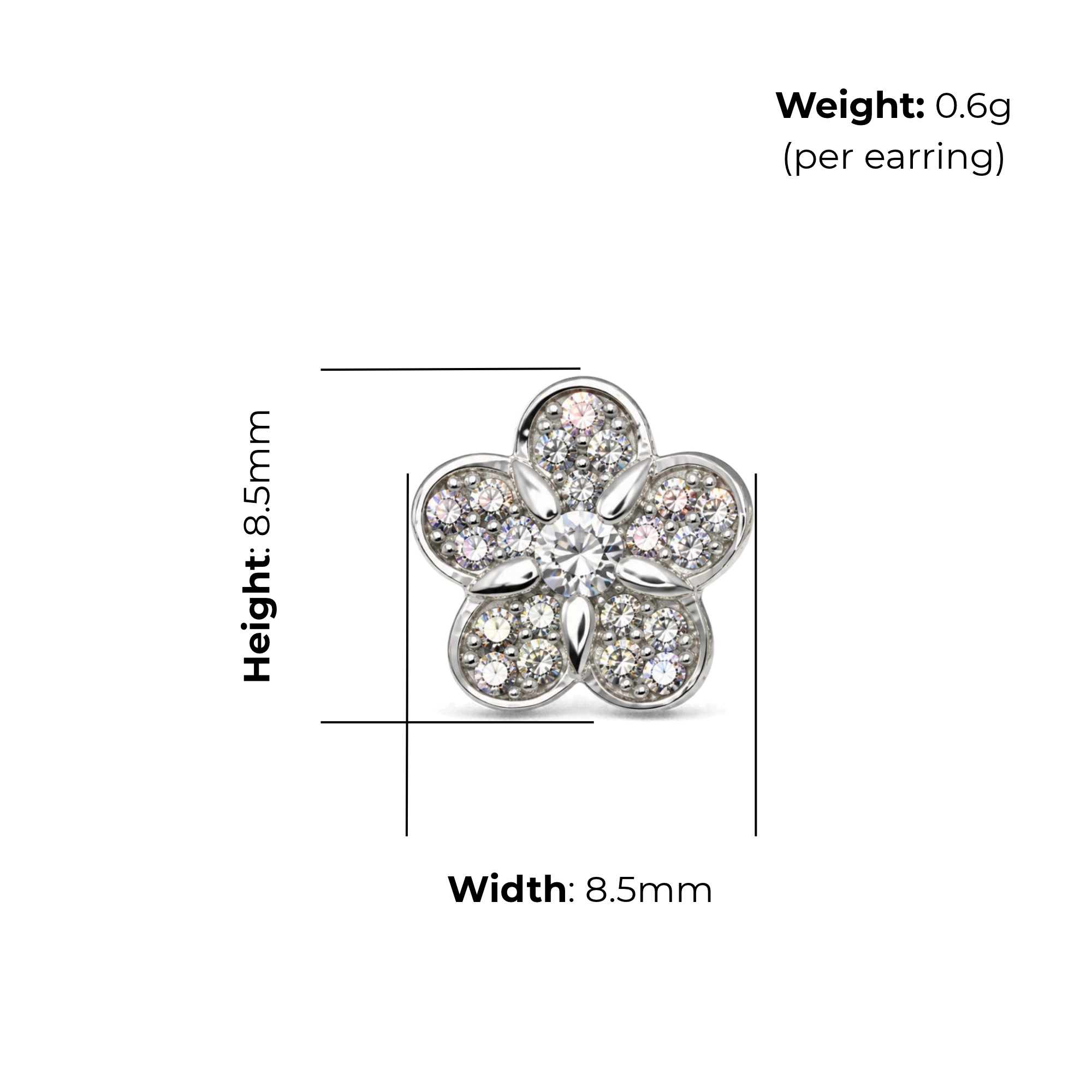 Sterling Silver Flower Stud Earrings, Pave-Set CZ, product dimensions shown, width 8.5mm, height 8.5mm, weight 0.6g per earring.