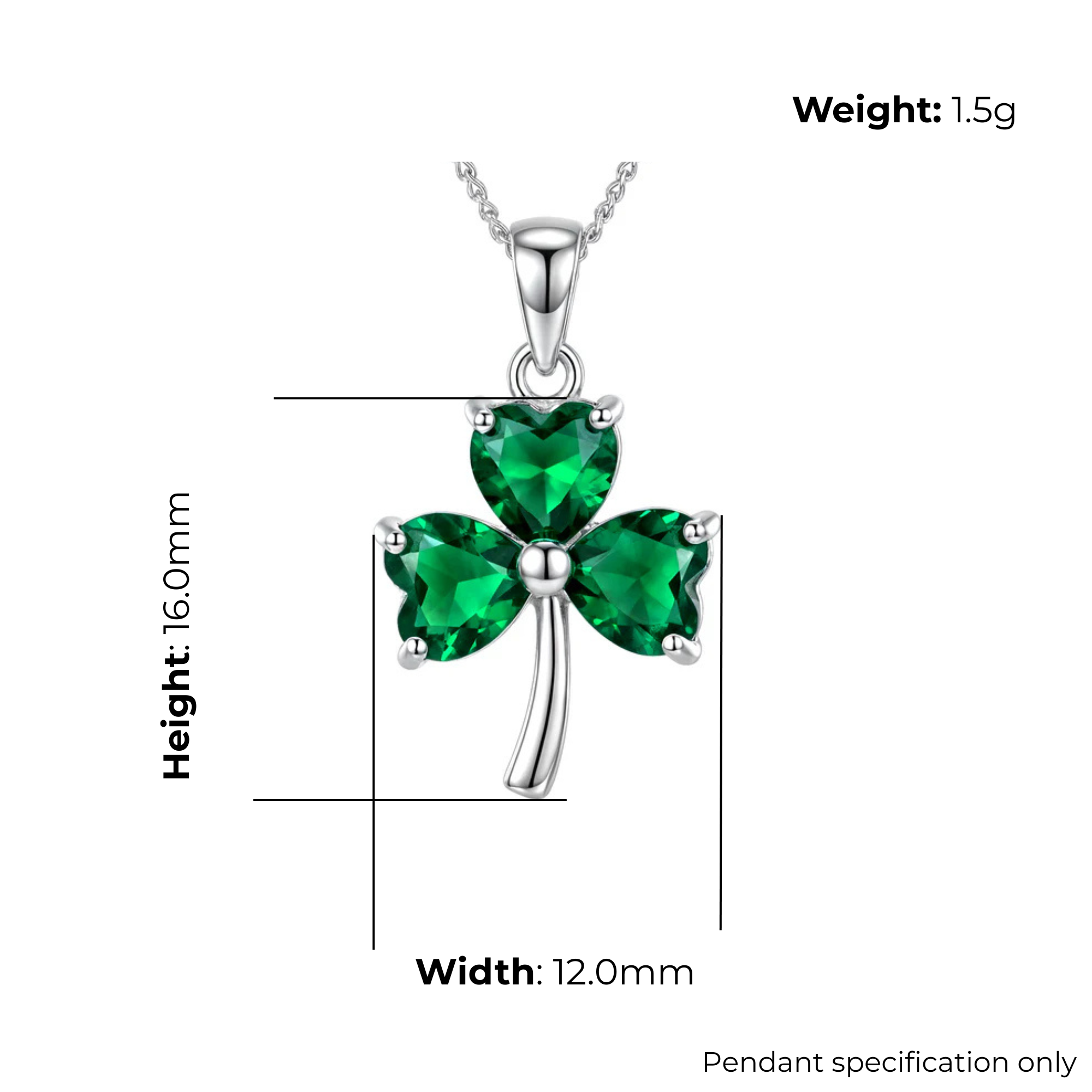 Sterling Silver Irish Celtic Shamrock Pendant, green CZ heart-shaped stones, claw set, product dimensions shown, width 12mm, height 16mm, weight 1.5g, pendant specification only