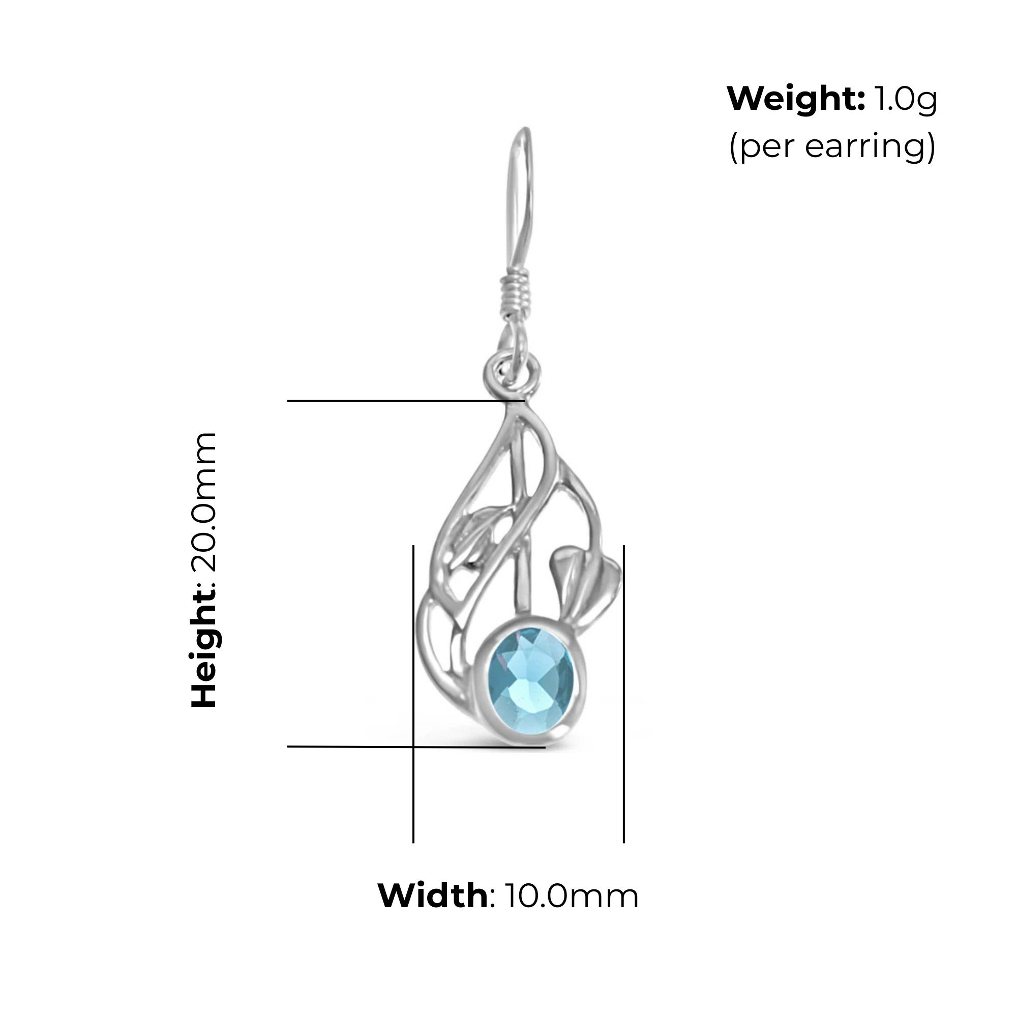 Sterling Silver Charles Rennie Mackintosh Drop Earrings, blue topaz, product dimensions shown, width 10mm, height 20mm, weight 1g per earring