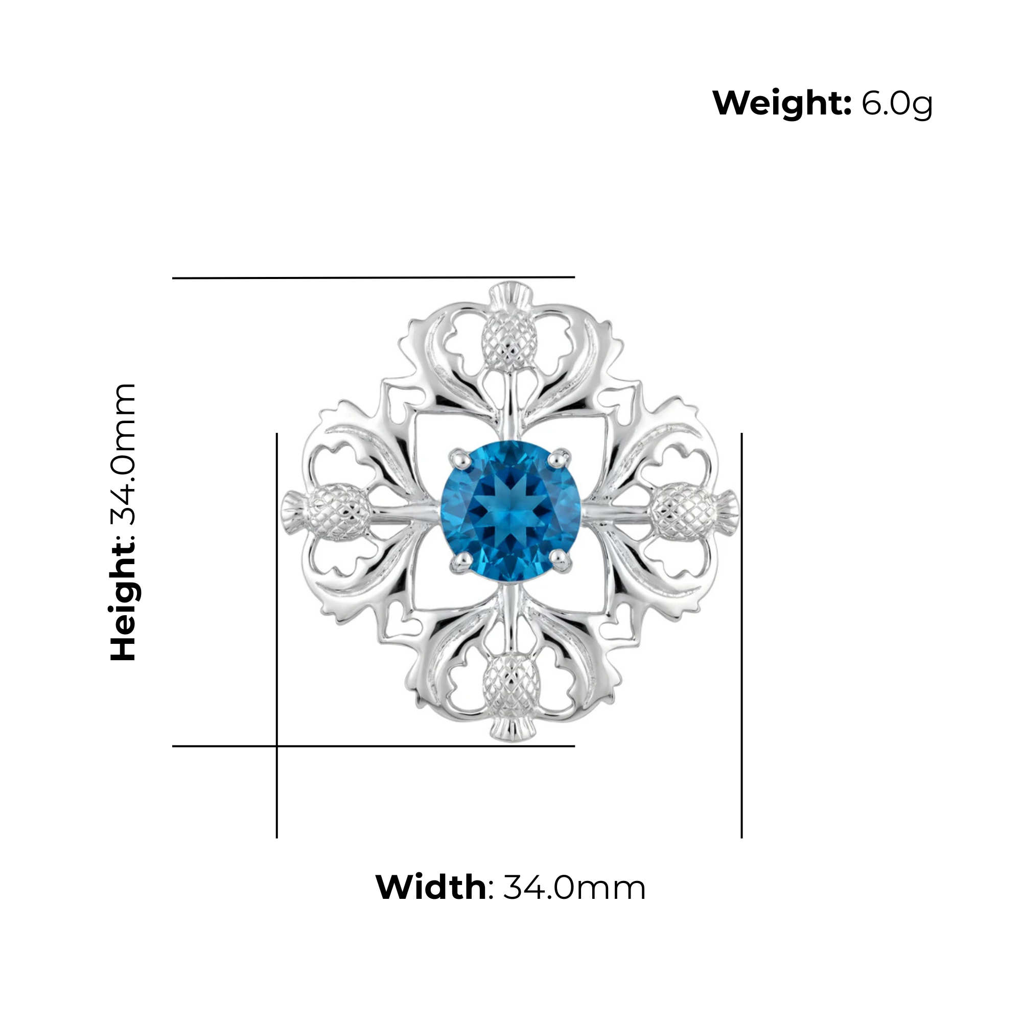 Sterling Silver Thistle Brooch, four-point design with blue stone, product dimensions shown, width 34mm, height 34mm, weight 6g