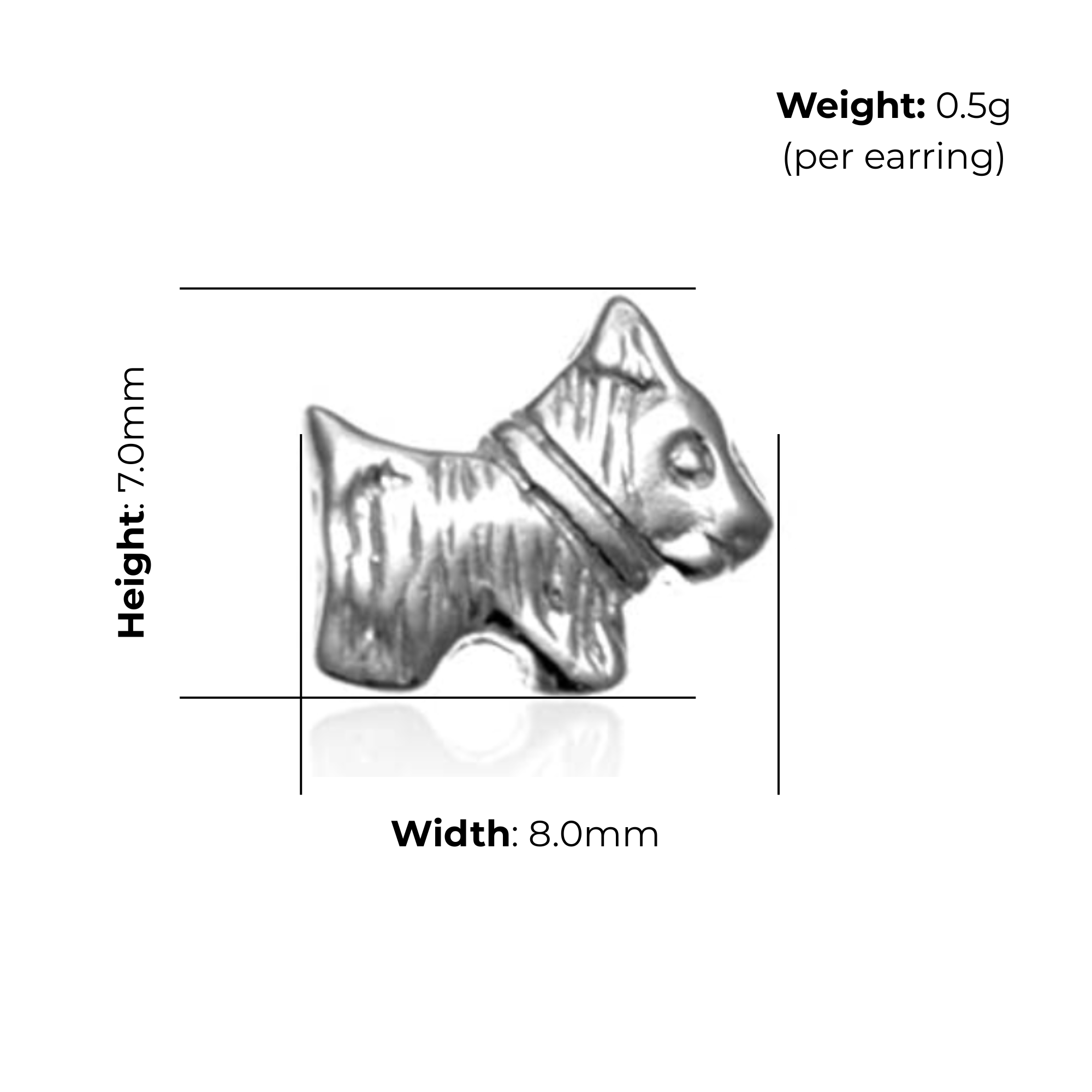 Sterling Silver Scottish Terrier Stud Earrings, engraved coat detail, product dimensions shown, width 8mm, height 7mm, weight 0.5g per earring