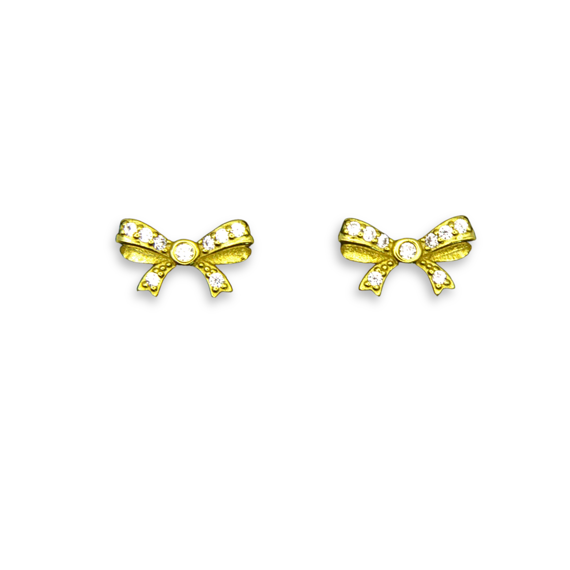Sterling Silver Bow Stud Earrings, Gold Plated, CZ Detail