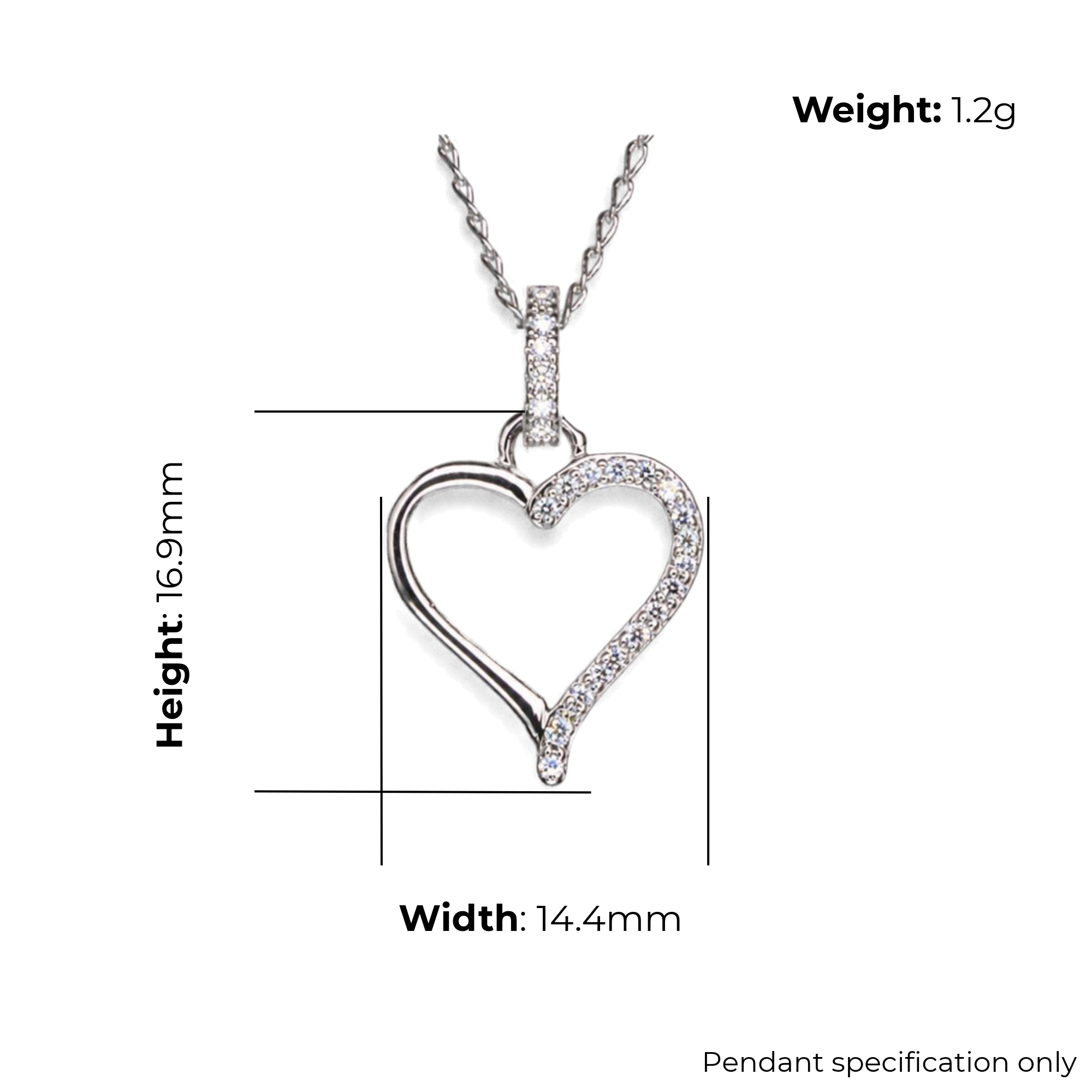 Sterling Silver Heart Pendant with CZ Bail Detail, product dimensions shown, width 14.4mm, height 16.9mm, weight 1.2g, pendant specification only