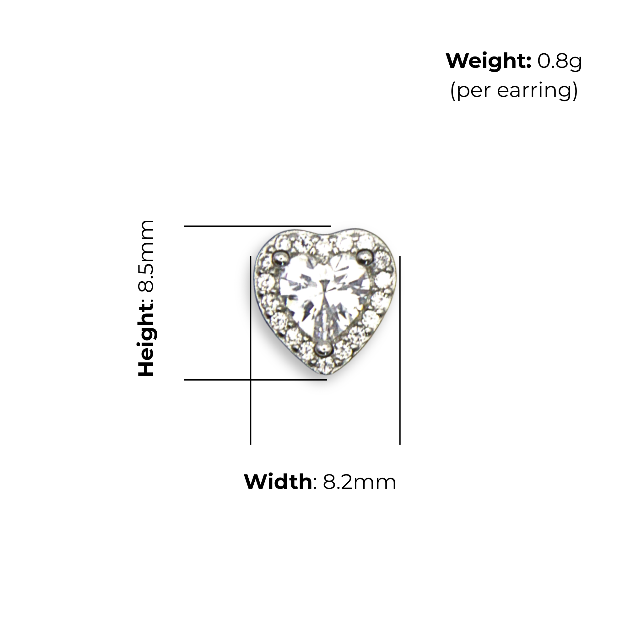 Sterling Silver Heart Halo Stud Earrings, CZ, product dimensions shown, width 8.2mm, height 8.5mm, weight 0.8g per earring.