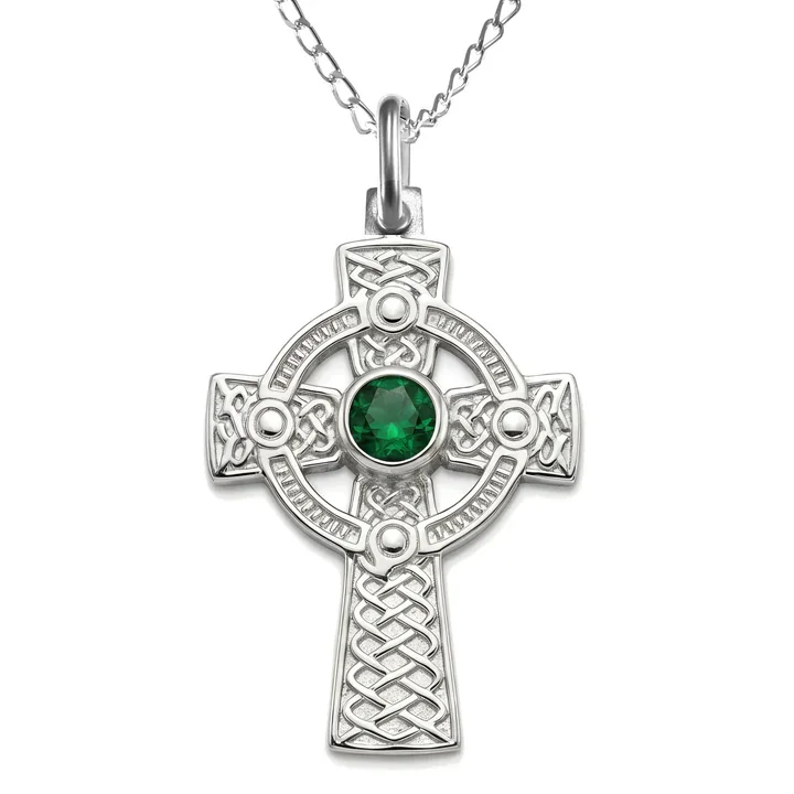 Sterling Silver Celtic cross pendant with green cubic zirconia, beaded border, deeply embossed knotwork, interlaced shaft, 32mm