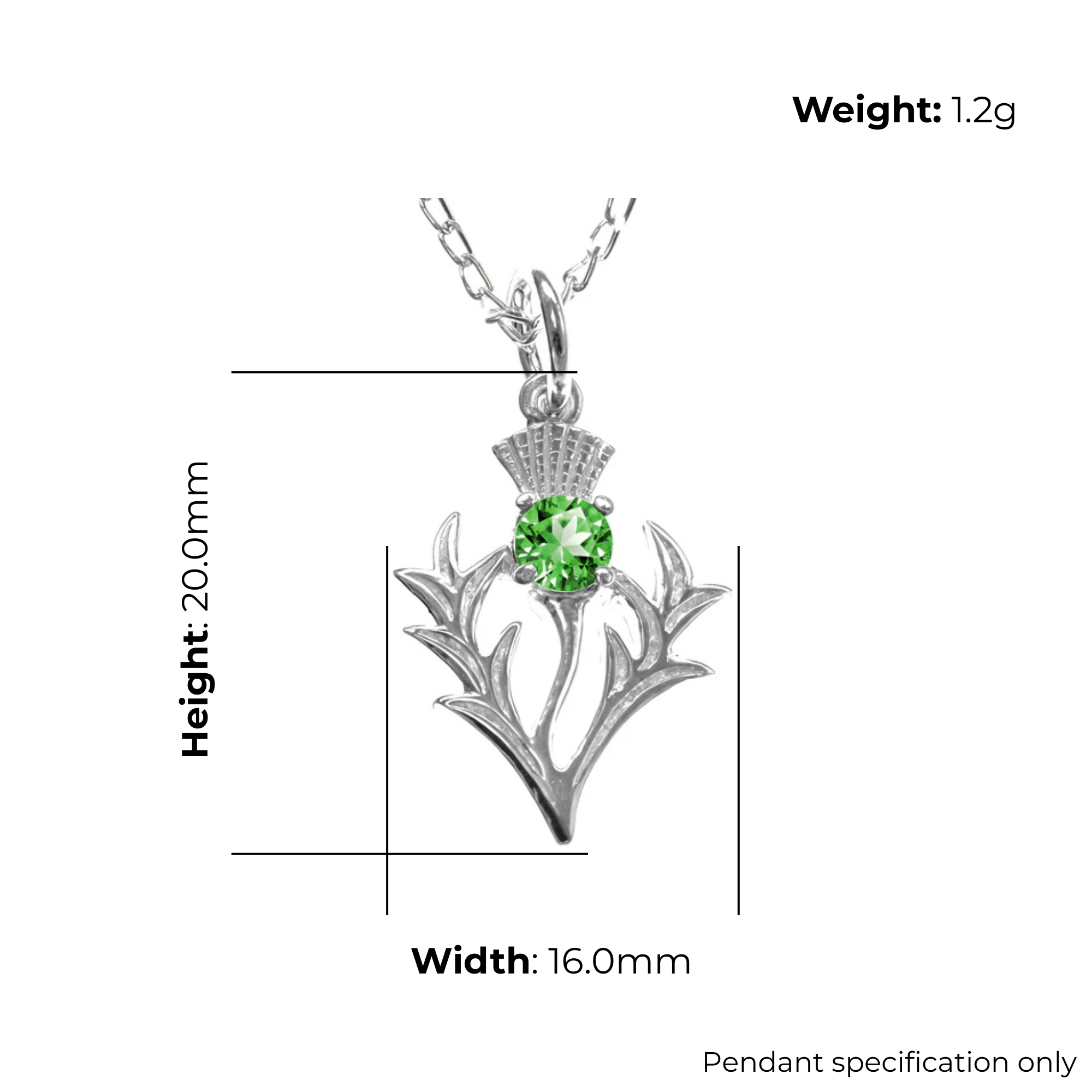 Sterling Silver Flat-Profile Thistle Pendant, Green CZ, product dimensions shown, width 16mm, height 20mm, weight 1.2g, pendant specification only