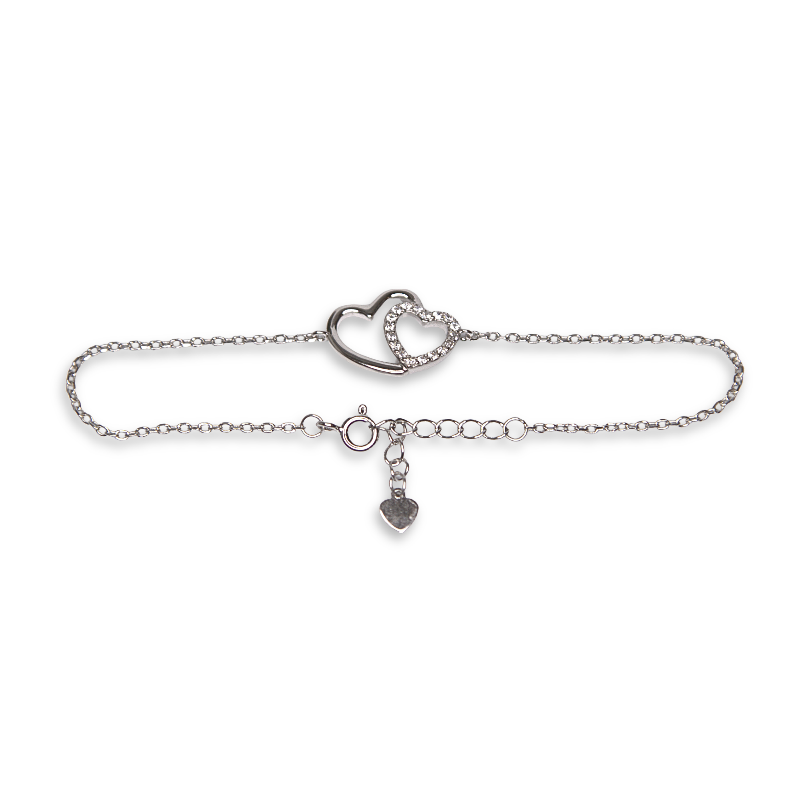 Sterling Silver Double Heart Bracelet, CZ, 20cm