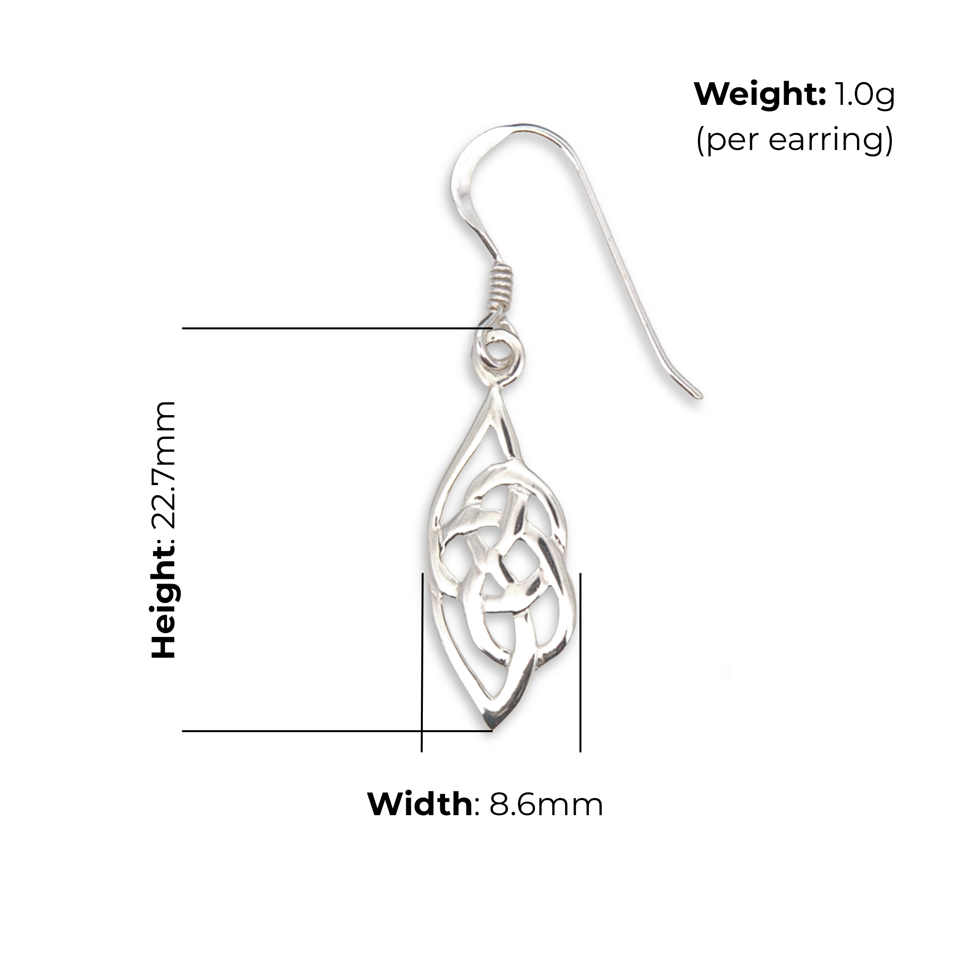 Sterling Silver Celtic Knotwork Drop Earrings, navette frame design, product dimensions shown, width 8.6mm, height 22.7mm, weight 1.0g per earring