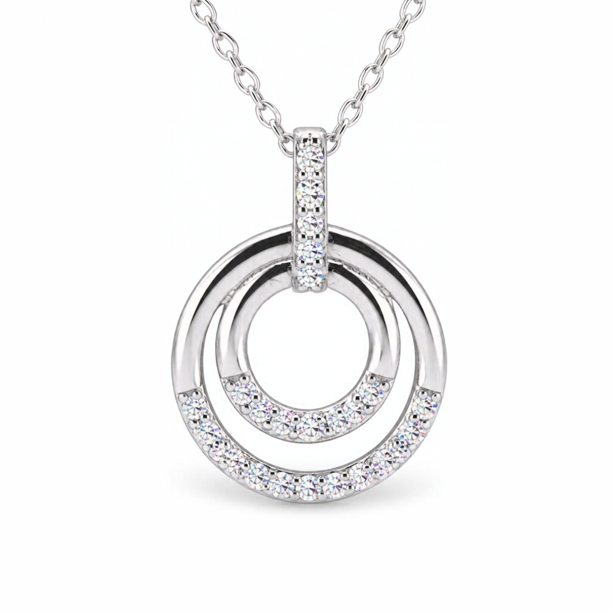 Sterling Silver Open Double Circle Pendant with CZ