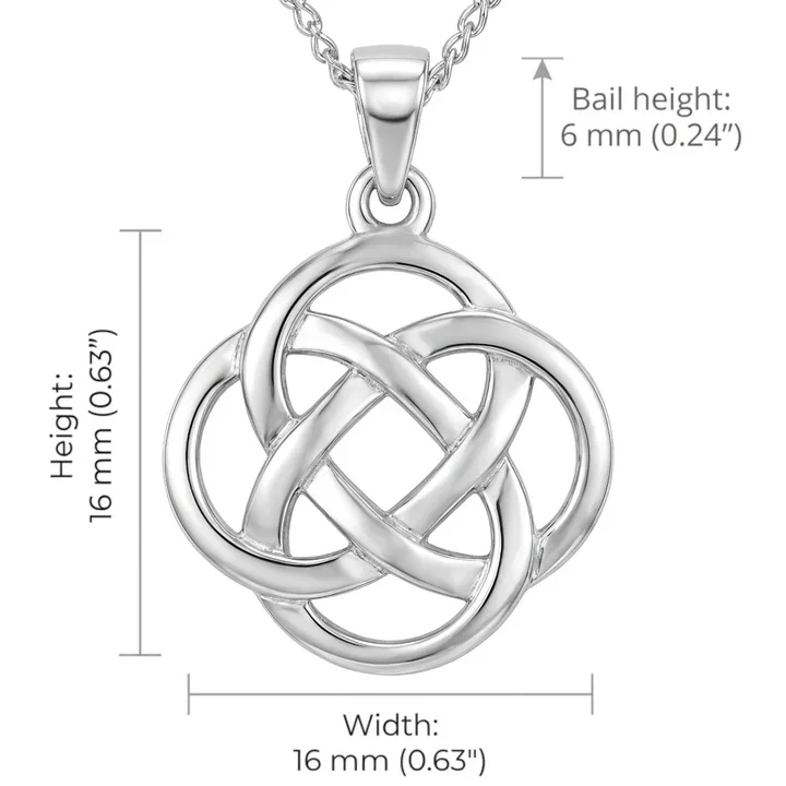 Sterling silver Celtic knotwork round pendant, product dimensions shown, width 16mm by height 16mm, bail height 6mm