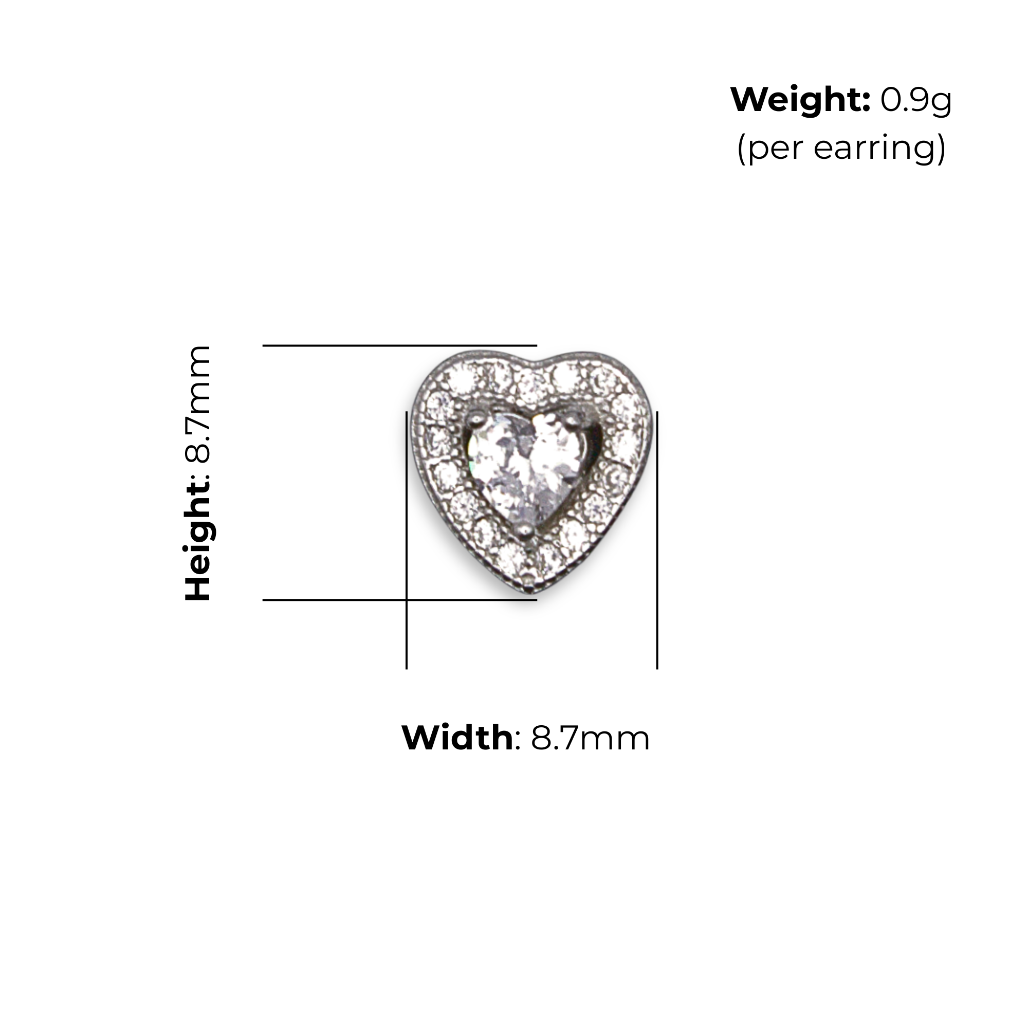 Sterling Silver Heart Stud Earrings with CZ, product dimensions shown, width 8.7mm, height 8.7mm weight 0.9g per earring