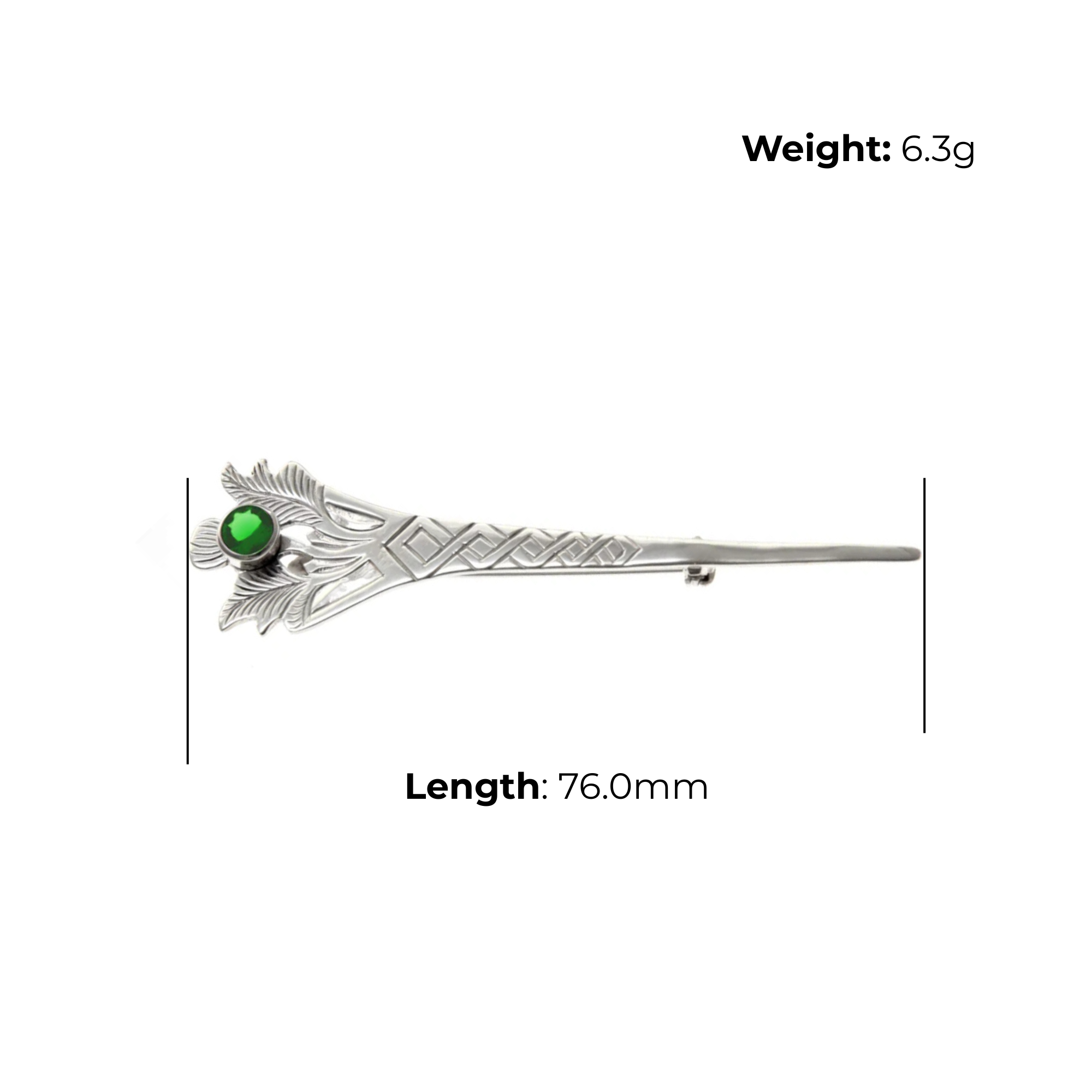 Sterling Silver Thistle Kilt Pin, green cubic zirconia, product dimensions shown, length 76mm, weight 6.3g