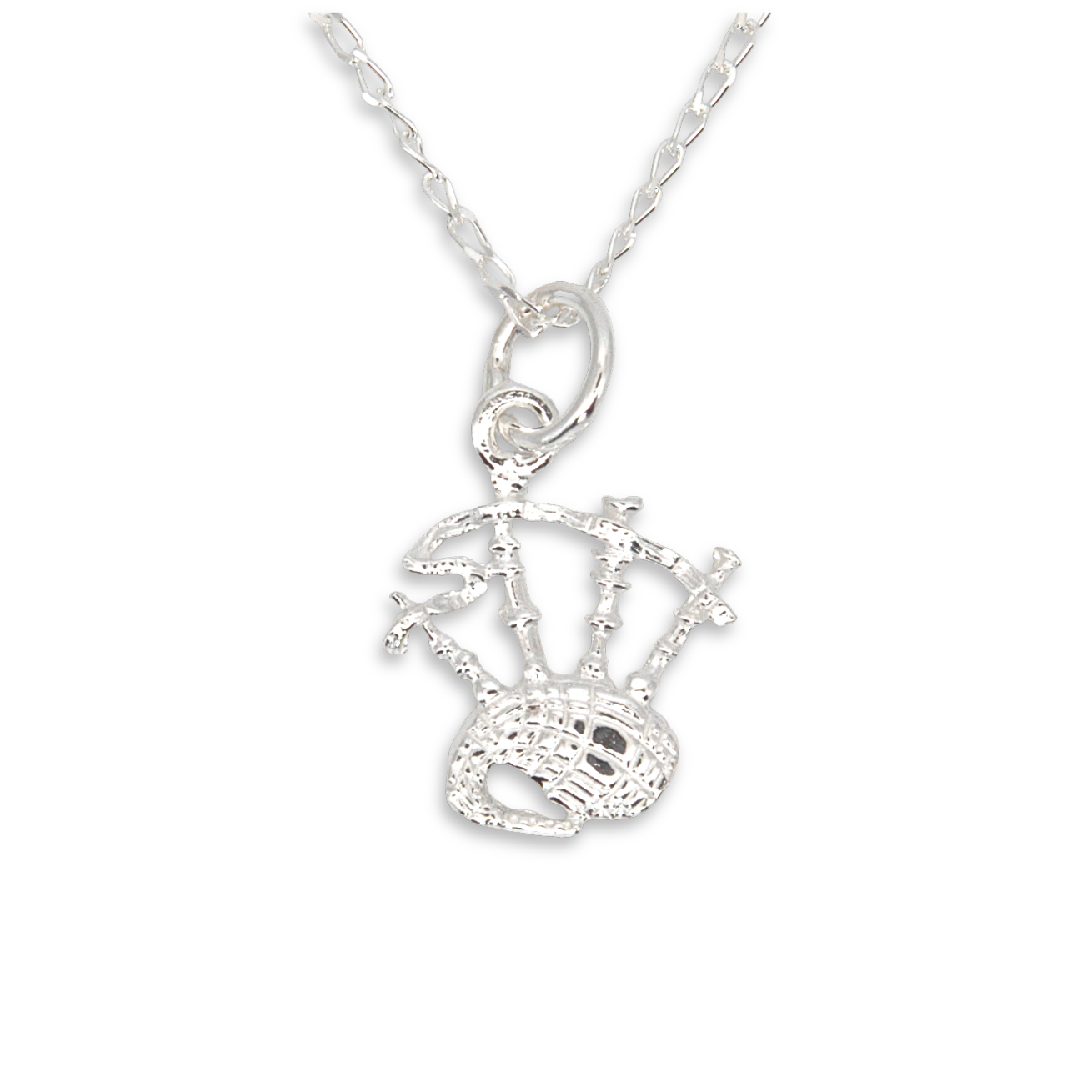 Sterling Silver Scottish Bagpipes Pendant, sculpted form, crosshatched bag detail
