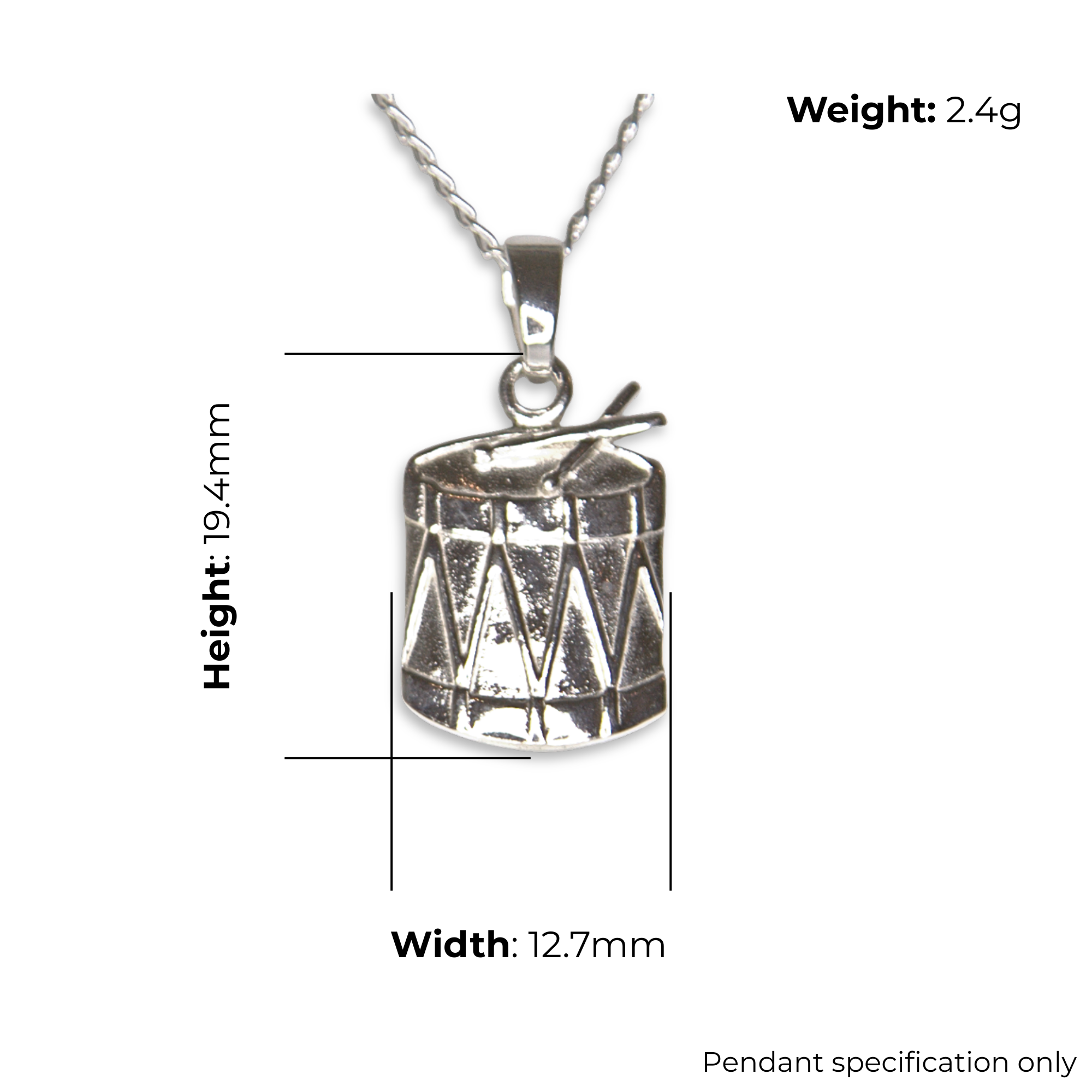 Sterling Silver Scottish Pipe Band Drum Pendant, product dimensions shown, width 12.7mm, height 19.4mm, weight 2.4g, pendant specification only.