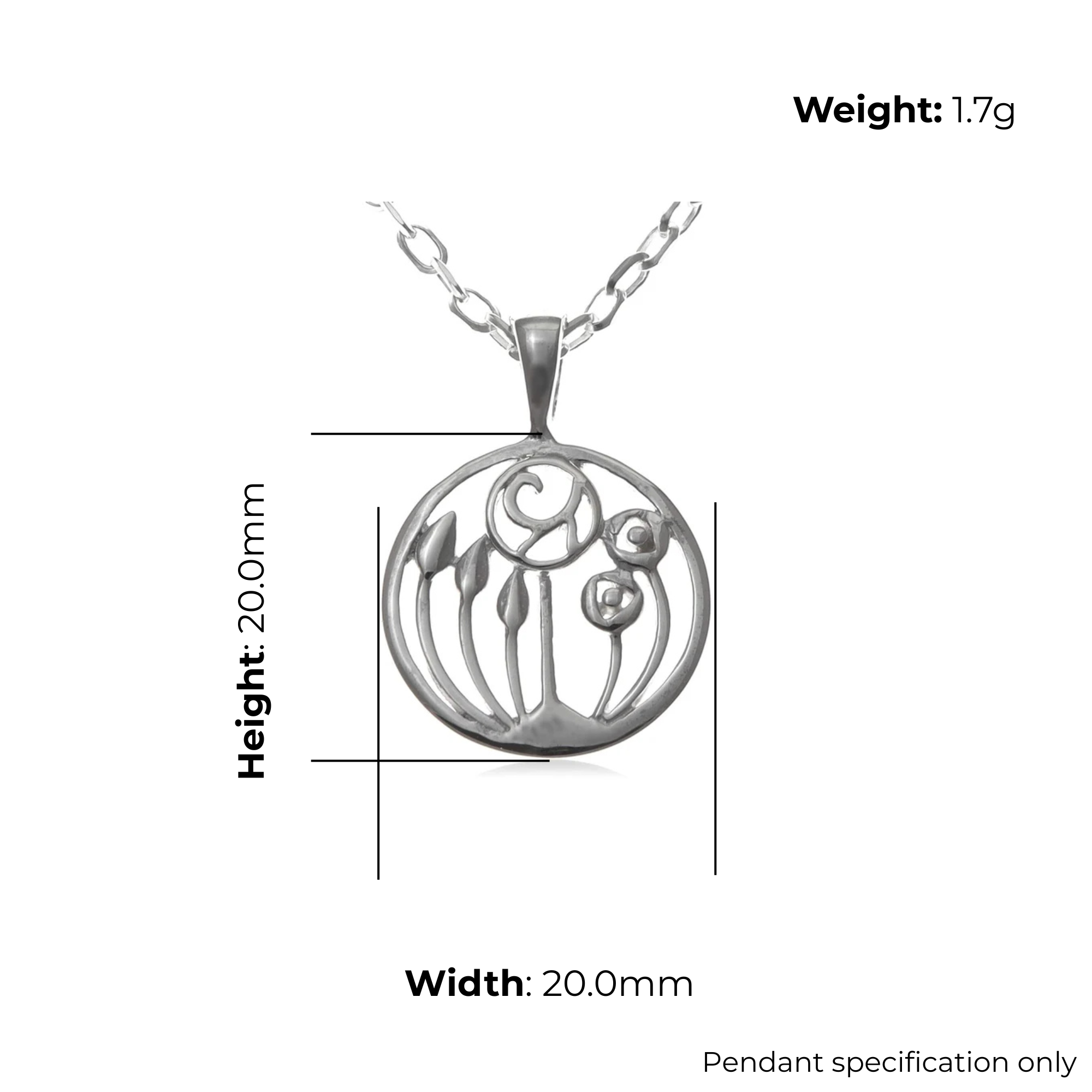 Sterling Silver Charles Rennie Mackintosh Circle Pendant, layered rose design, product dimensions shown, width 20mm, height 20mm, weight 1.7g, pendant specification only