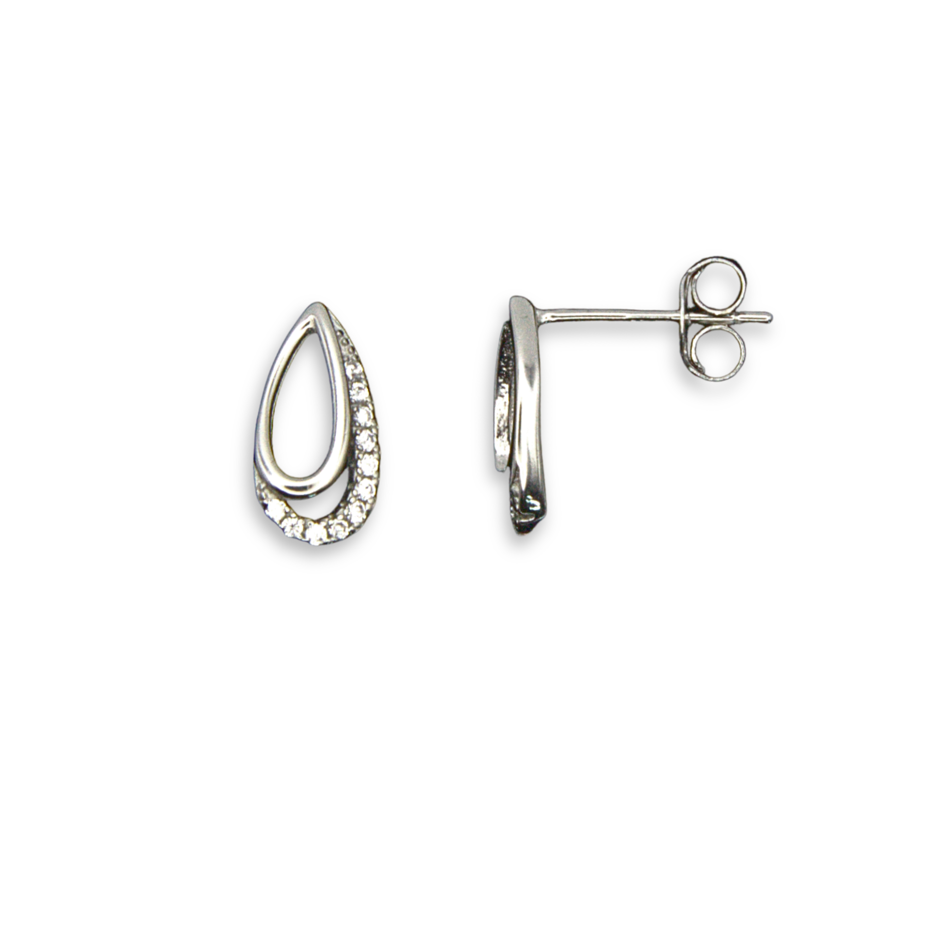 Sterling Silver Open Teardrop Stud Earrings, Pave-Set CZ Trim