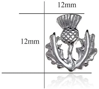 Sterling Silver Scottish Thistle Stud Earrings, crosshatched globe, feathered crown, serrated leaves, 12mm x 12mm, push back fitting, product dimensions shown, width 12mm by height 12mm