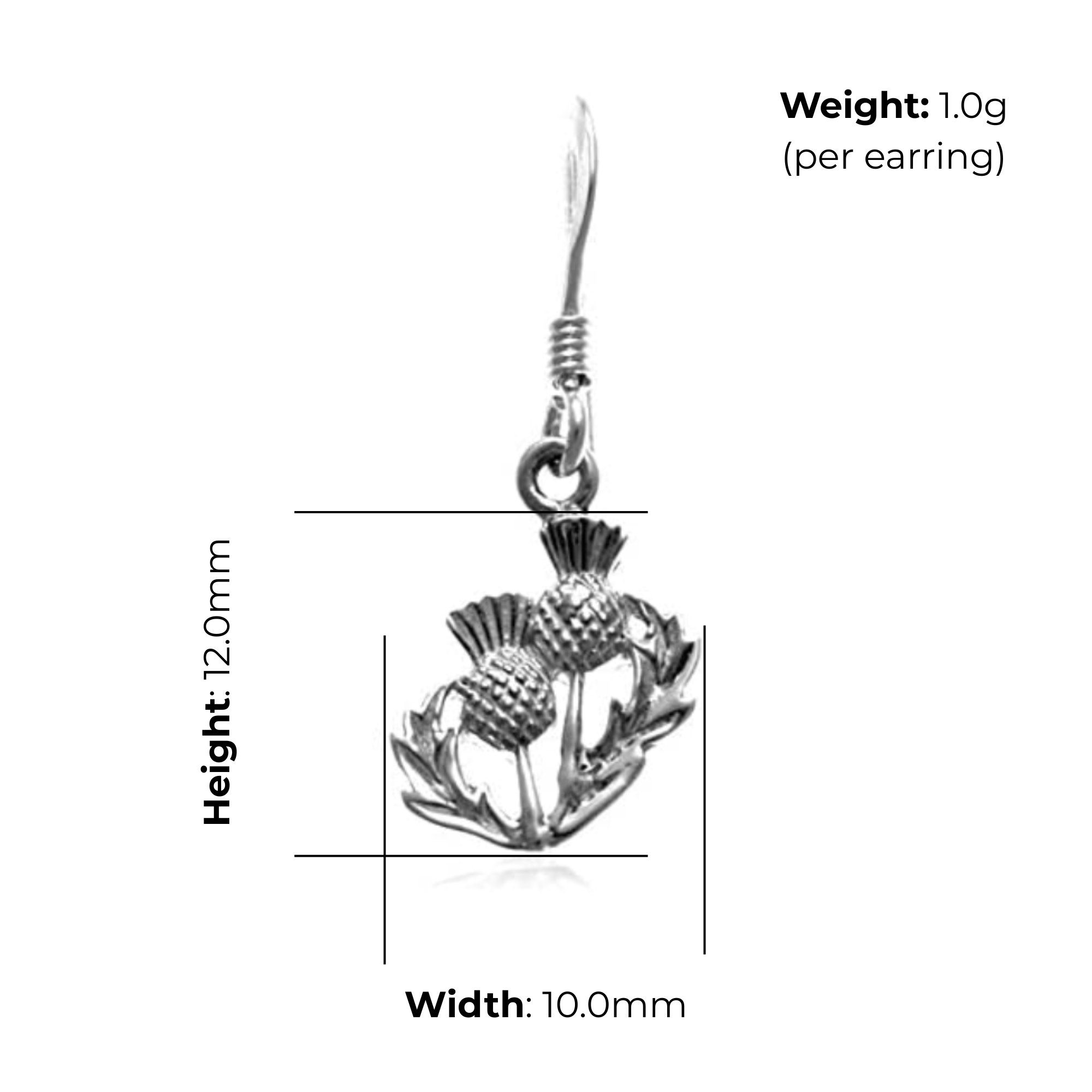 Sterling Silver Thistle Drop Earrings, oxidised finish, product dimensions shown, width 10mm, height 12mm, weight 1g per earring