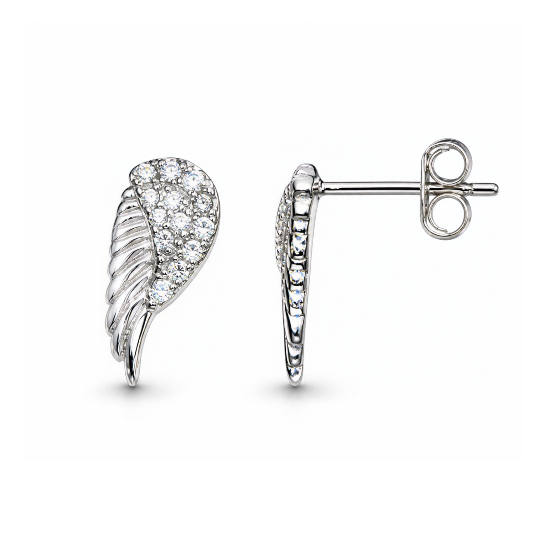 Sterling Silver Angel Wing Stud Earrings, Pave-Set CZ Detail
