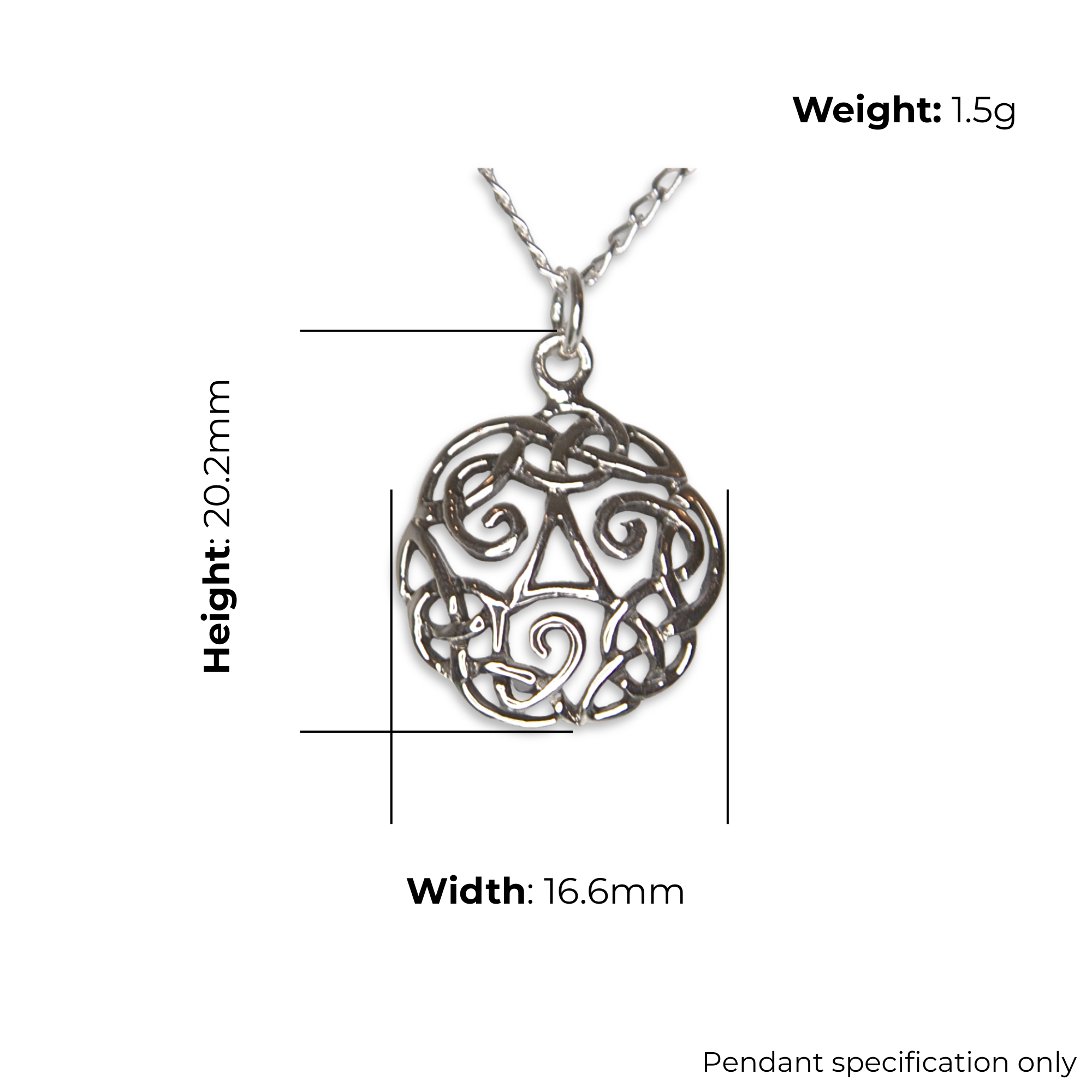 Sterling Silver Celtic Spiral and Knotwork Circle Pendant, Openwork Design, product dimensions shown, width 16.6mm, height 20.2mm, weight 1.5g, pendant specification only.