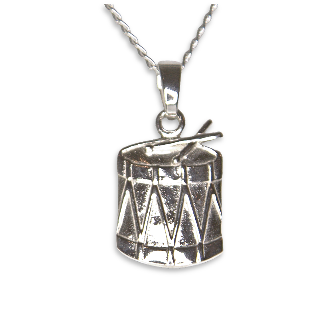 Sterling Silver Scottish Pipe Band Drum Pendant, Drumsticks Detail