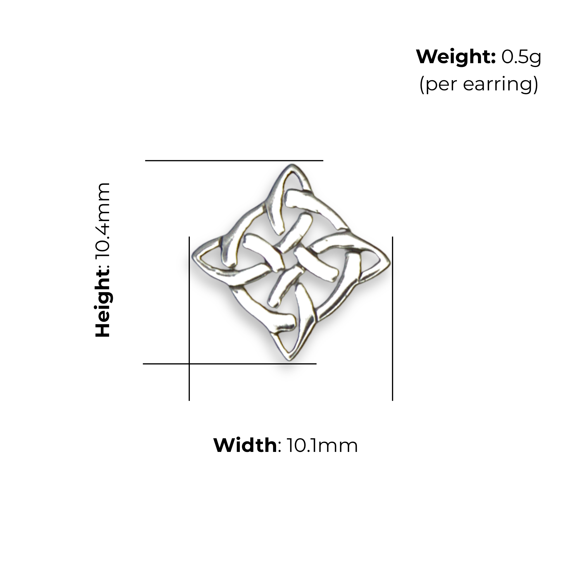 Sterling Silver Celtic Knot Stud Earrings, Four-Point Radial Design, product dimensions shown, width 10.1mm, height 10.4mm, weight 0.5g per earring.