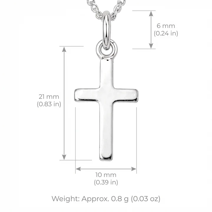Sterling Silver small plain cross pendant, product dimensions shown, 21mm height by 10mm height, jump ring 6mm height, weigh 0.8g