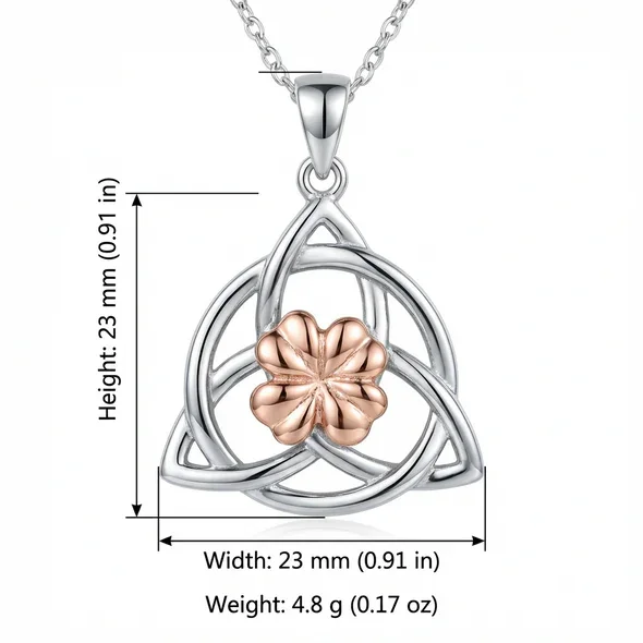 Sterling Silver & Rose Gold Celtic Trinity Knot Pendant, rose gold clover centre, product dimensions shown, height 23mm by width 23mm, weight 4.8g