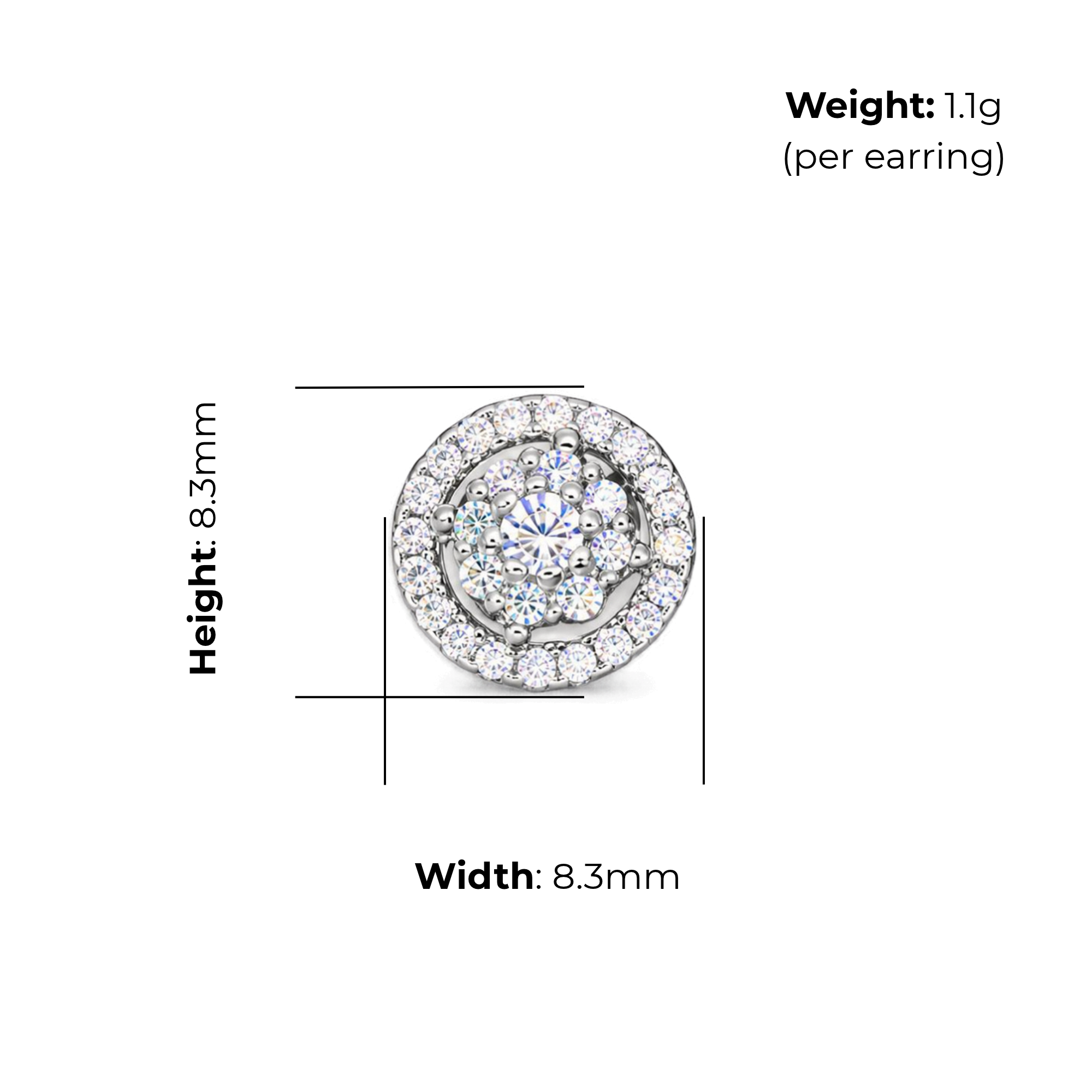 Sterling Silver CZ Cluster Halo Stud Earrings, product dimensions shown, width 8.3mm, height 8.3mm, weight 1.1g per earring