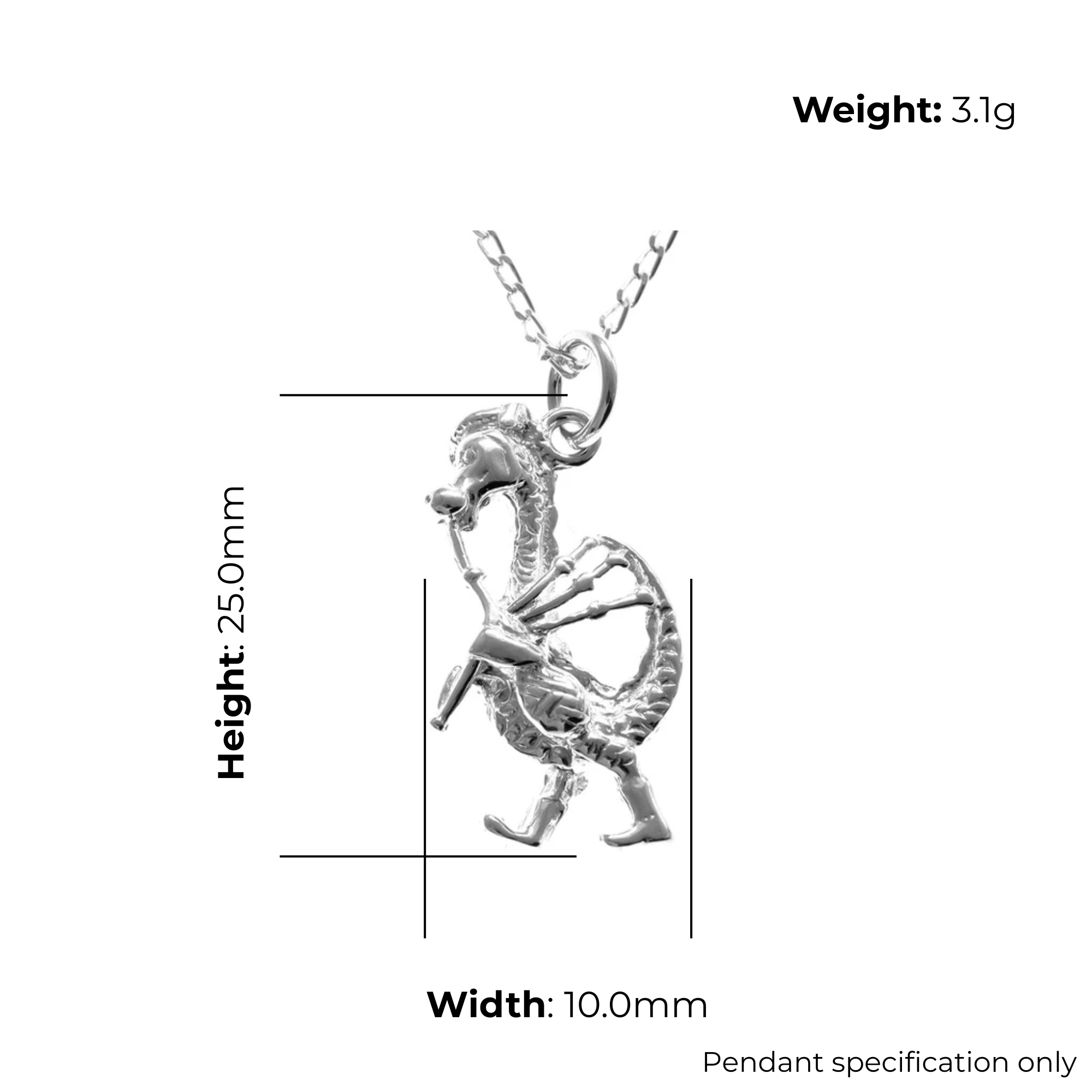 Sterling Silver Nessie Bagpiper Pendant, Loch Ness Monster playing bagpipes, sculpted novelty form, product dimensions shown, width 10m, height 25mm, weight 3.1g, pendant specification only