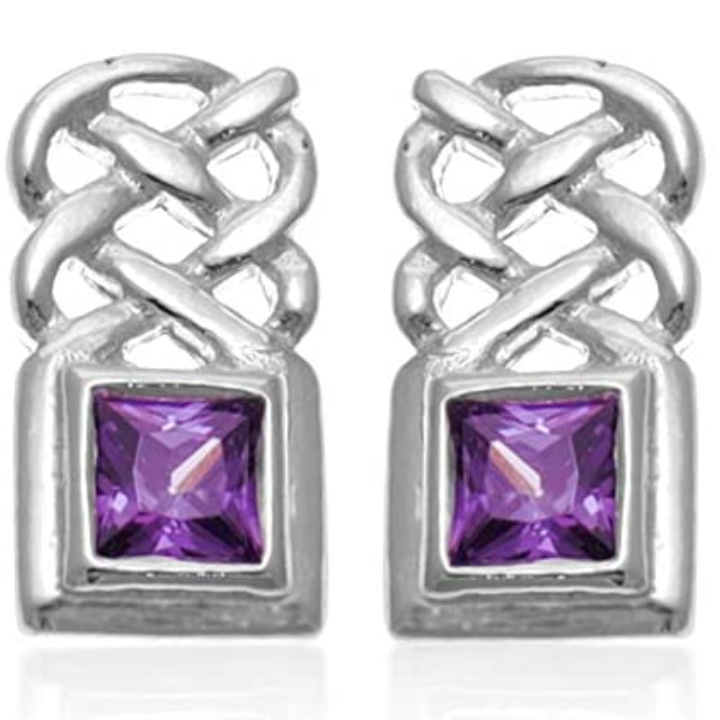 Sterling Silver Celtic Knotwork Stud Earrings, square-cut amethyst bezel set, plaitwork panel, push back fitting.