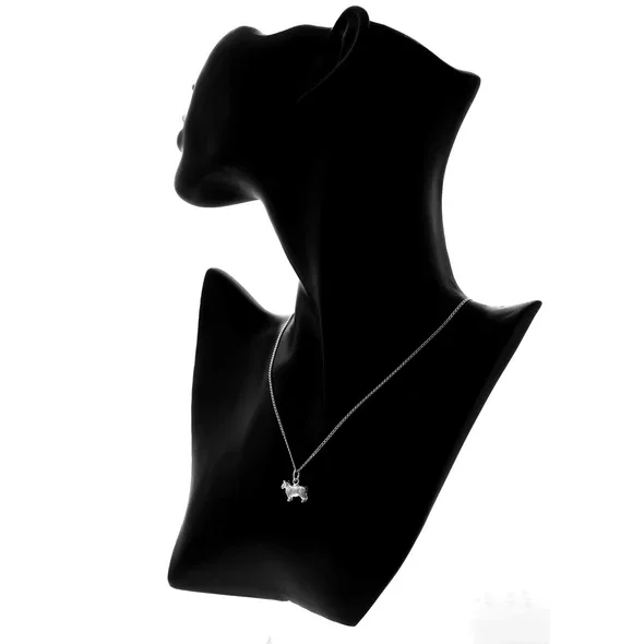 Sterling Silver Scottish Sheep Pendant, sculpted three-dimensional form, engraved fleece detail, shown on modelling bust at neckline