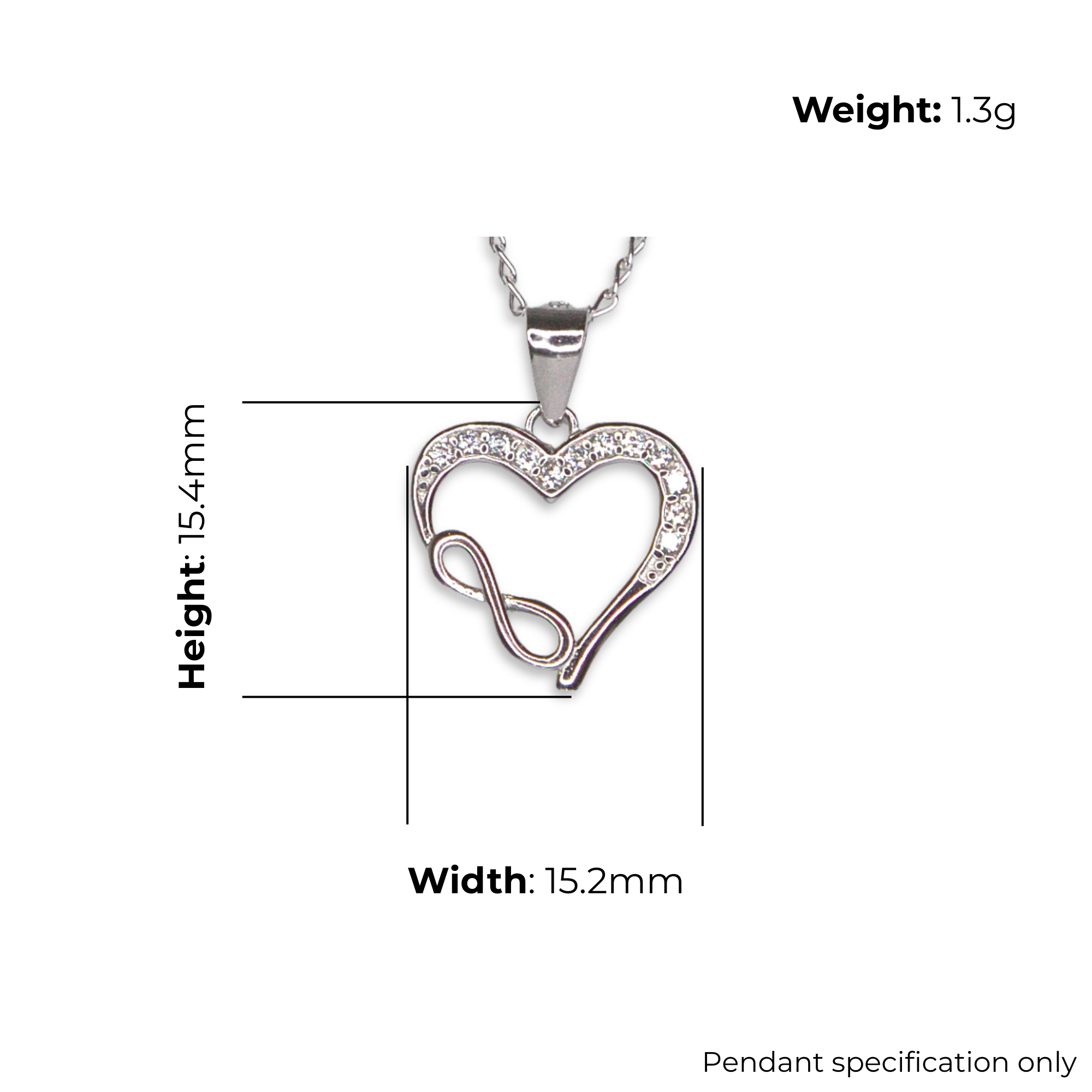 Sterling Silver Heart Pendant, Infinity Accent with CZ, product dimensions shown, width 15.2mm, height 15.4mm, weight 1.3g, pendant specification only