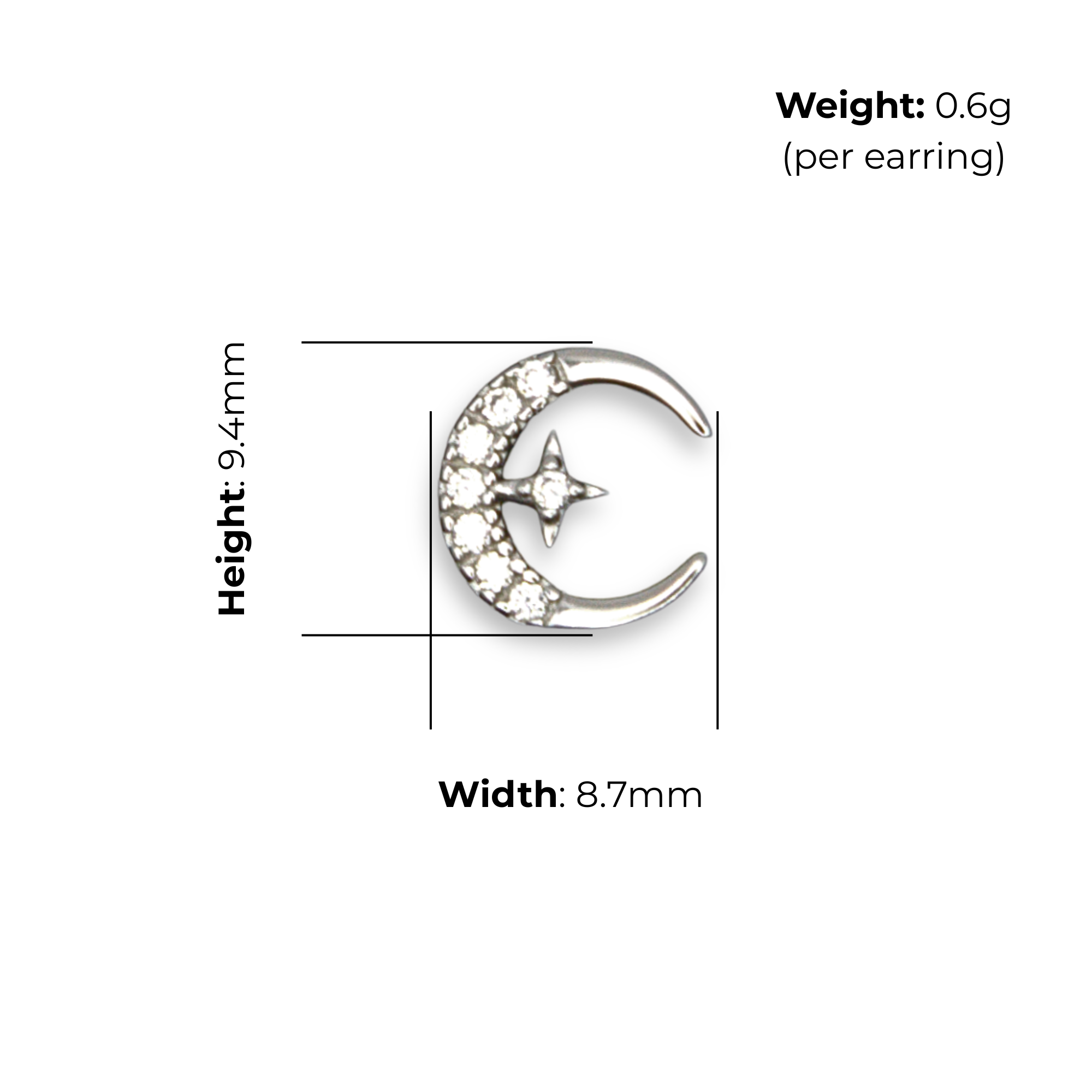Sterling Silver Crescent Moon and Star Stud Earrings, Pave-Set CZ, product dimensions shown, width 8.7mm, height 9.4mm, weight 0.6g per earring.