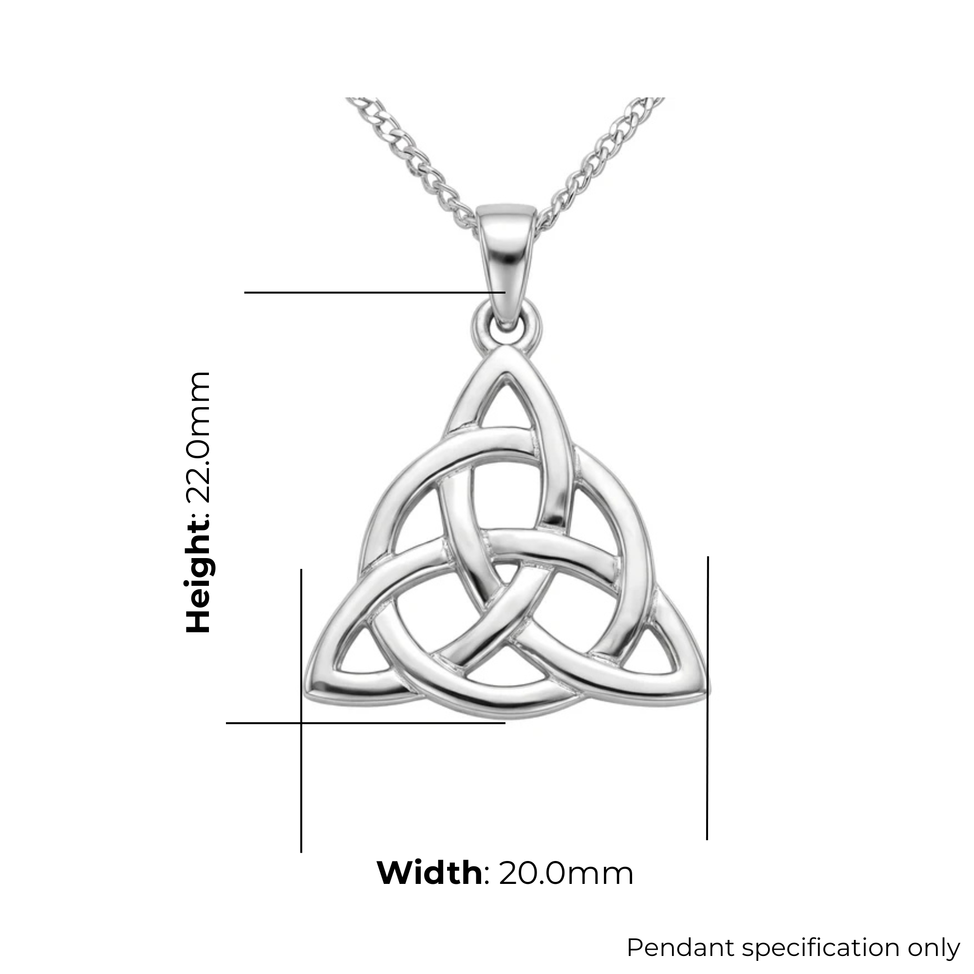 Sterling Silver Celtic Trinity Knot Pendant, triquetra design, high mirror polish, product dimensions shown, width 20mm, height 22mm, pendant specification only