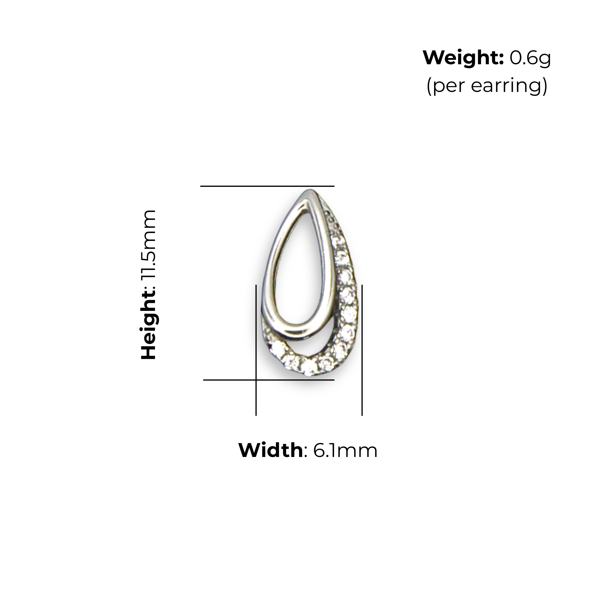 Sterling Silver Open Teardrop Stud Earrings, Pave-Set CZ Trim, product dimensions shown, width 6.1mm, height 11.5mm, weight 0.6g per earring.